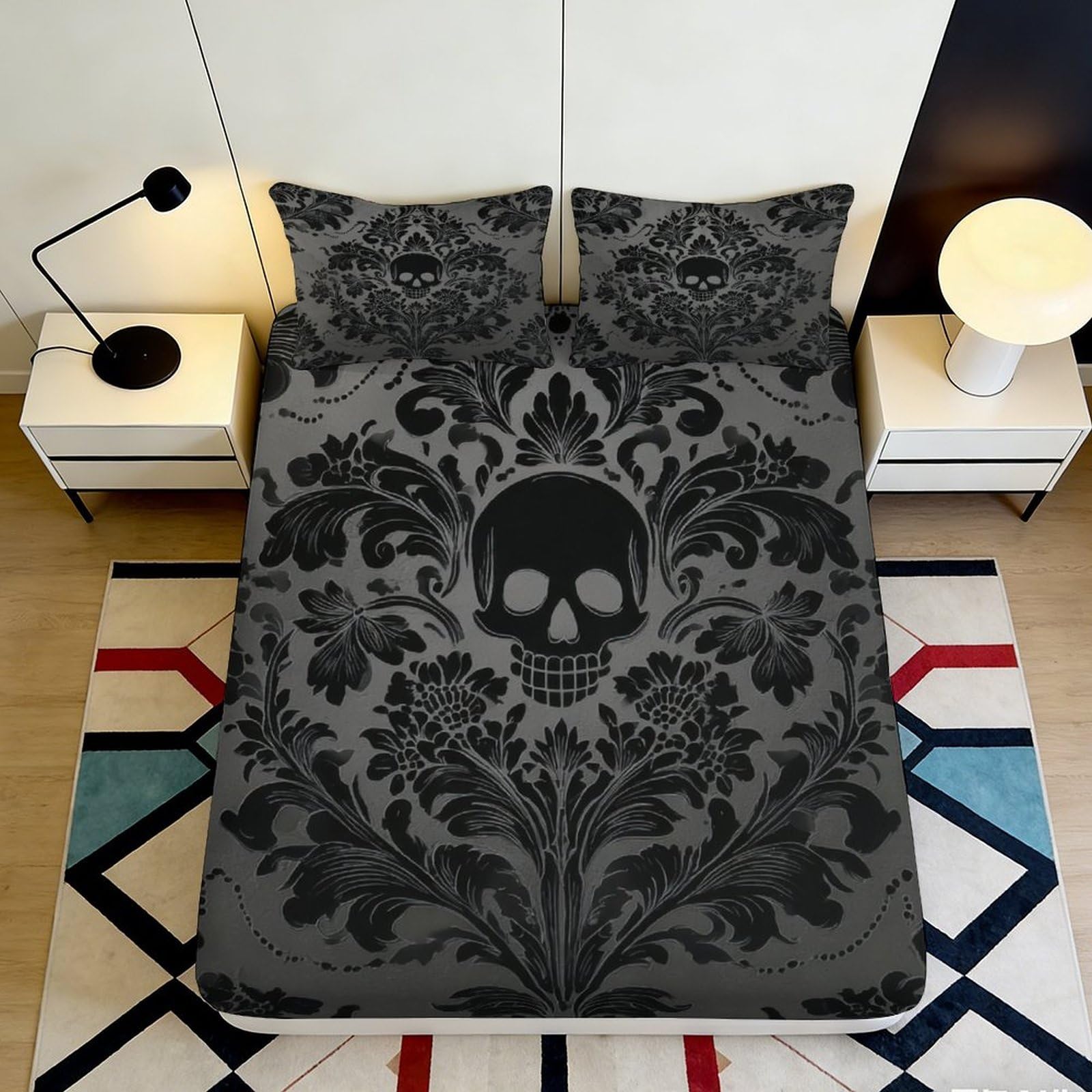 3D Printed Gothic Skull Fitted Sheet Microfiber Anti-Slip Floral Damask Bed Cover for Bedroom Dorm Mattress Protection Decor 140x200x25cm