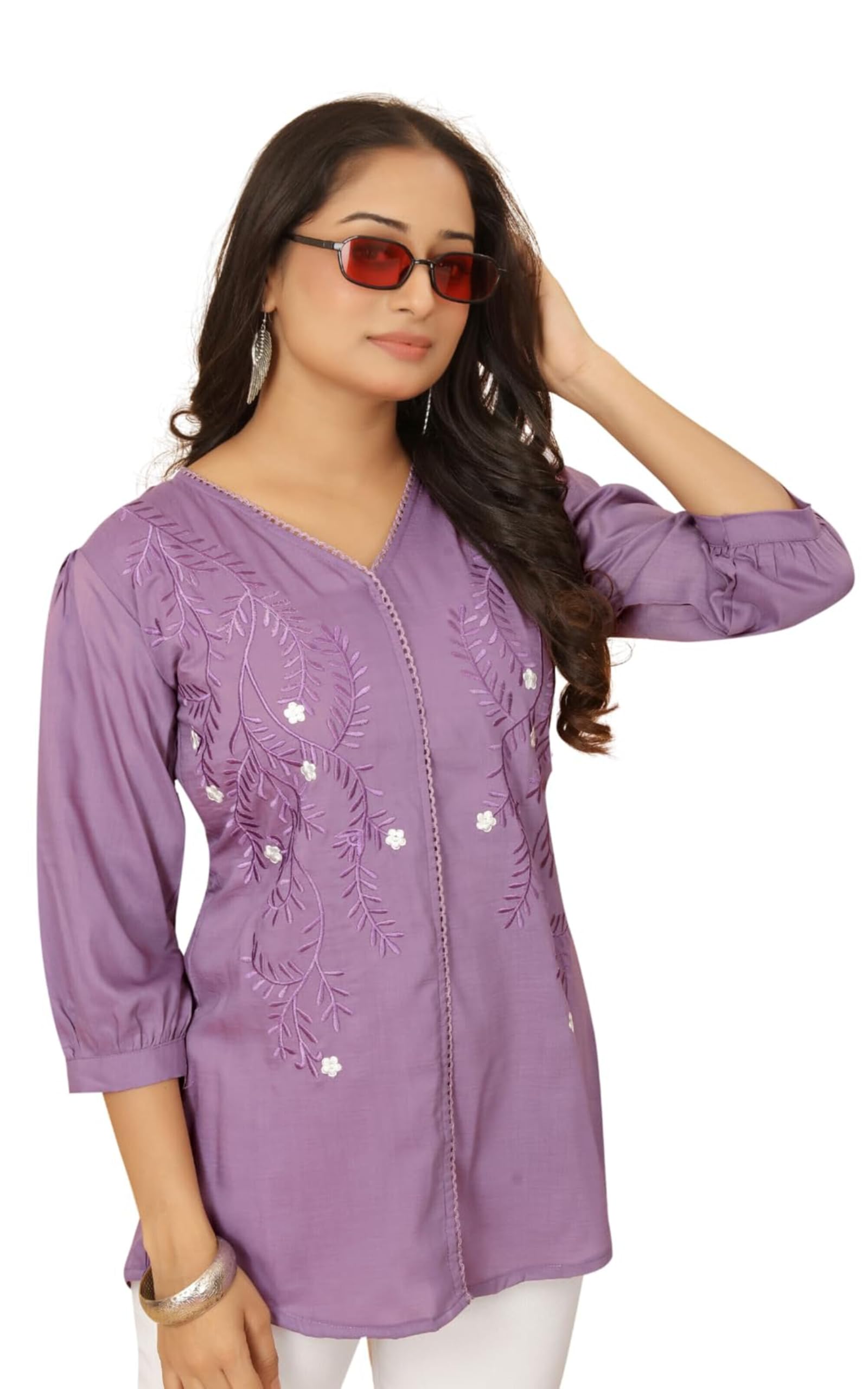 Women's Embroidered Regular Fit Tunic Shirt with Collar Neck - Full Sleeves - Elegant Button-Down Shirt for Office, Casual - Semi-Formal Wear - Stylish - Comfortable Top-image-33