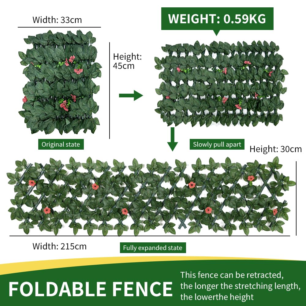 Expandable Garden Fence Panels - Privacy Screen with Faux Ivy & Flower - 200x30cm (Red Flower) - Image 4