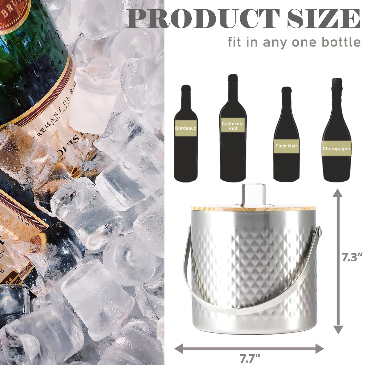 Cubo de hielo aislado martillado de acero inoxidable con tapa de madera y pinzas para hielo con capacidad para 3 litros de hielo, mantiene el hielo más frío, accesorios para carrito de bar