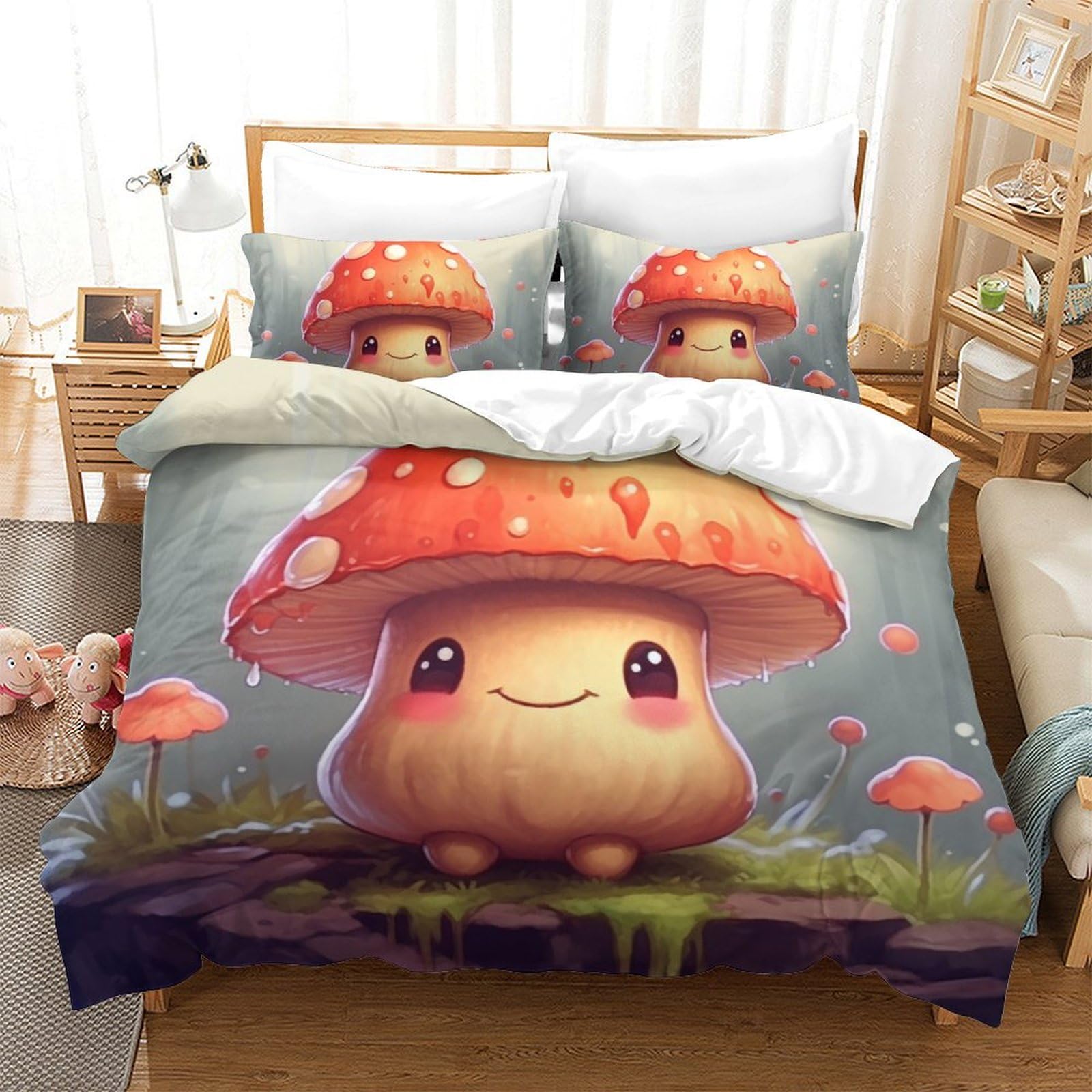 Parure de lit champignons 3 pièces 220x240 en microfibre avec fermeture éclair