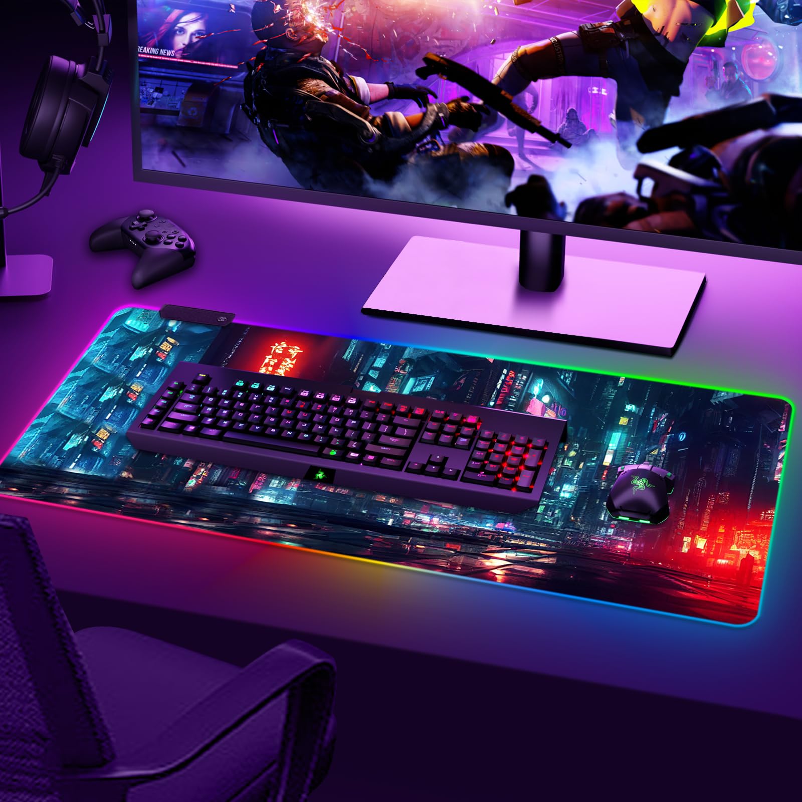 ARTSO Tappetino per mouse da gioco RGB, grande, morbido, esteso, con 14 modalità di illuminazione, 2 luminosità, resistente all'acqua, tappetino per mouse per computer, 89,9 x 40 cm, città notturna