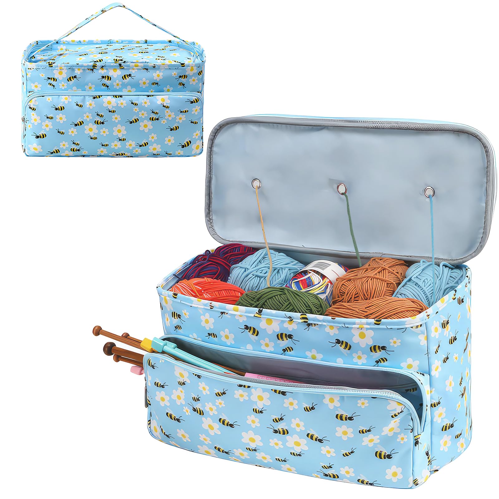 Sac de rangement en tricot bleu pour stopper les nœuds de laine et fils créatifs
