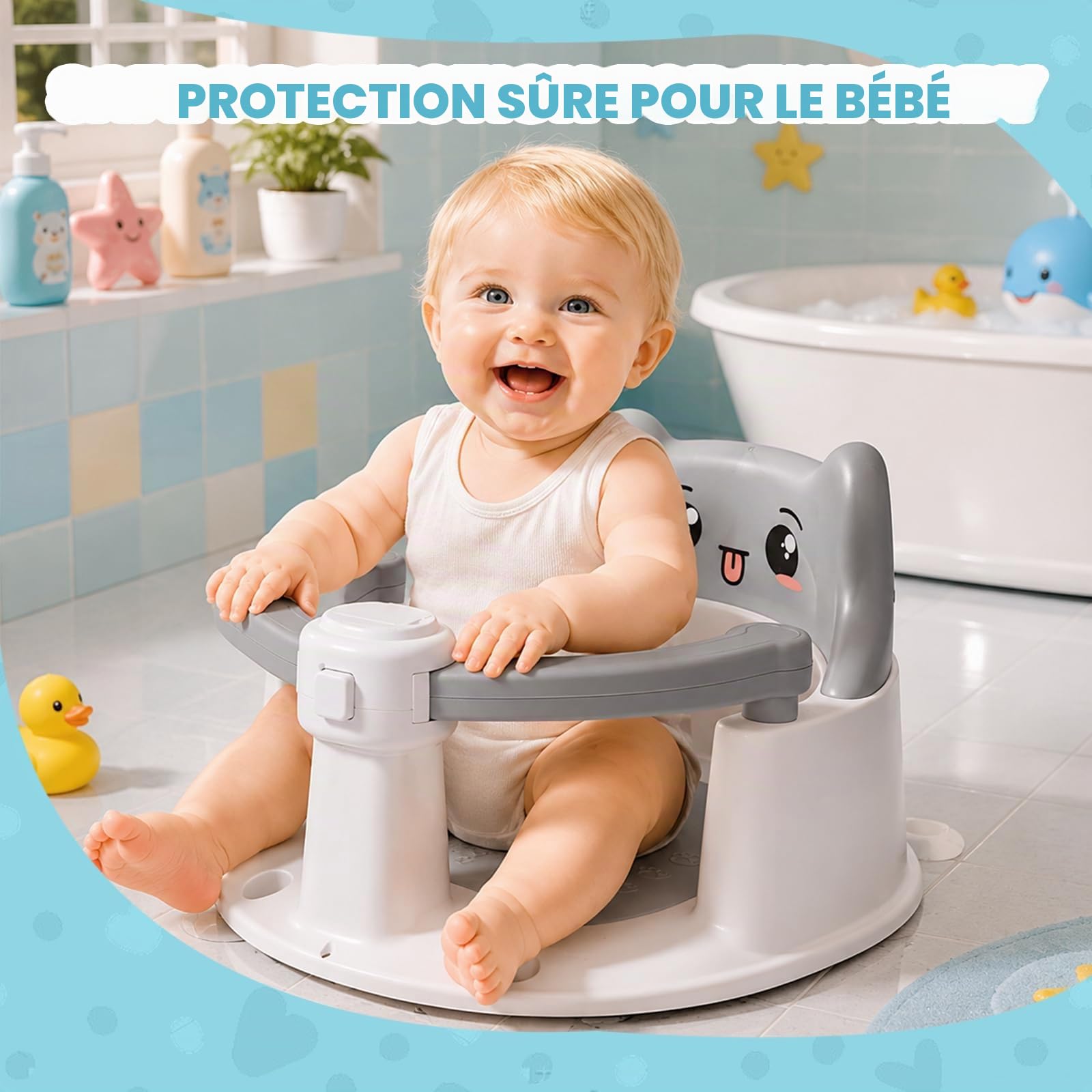 Siège de bain pour bébé dès 6 mois, siège antidérapant avec ventouses, accoudoirs ajustables, siège sécurisé pour baignoire et douche, libère les mains des parents