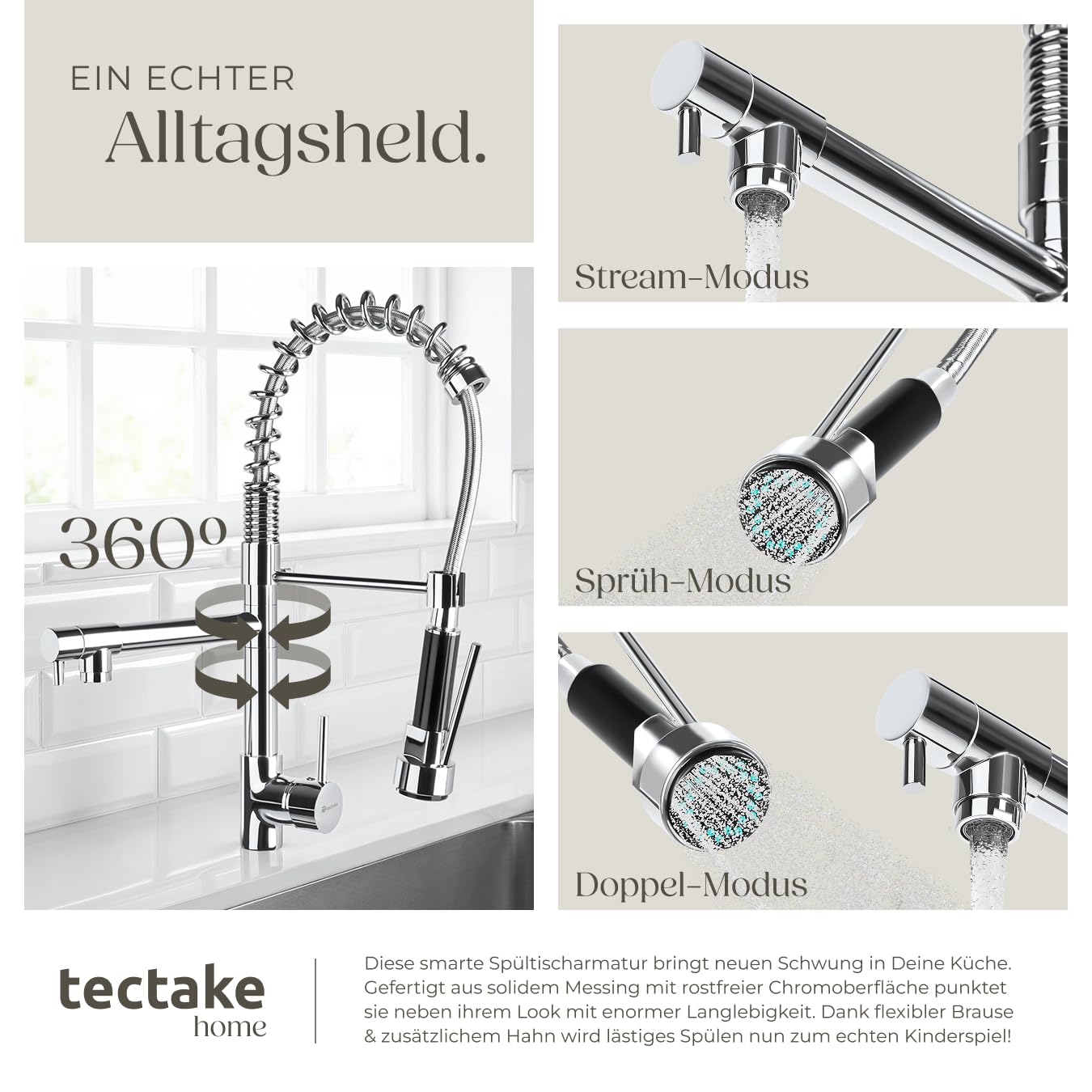tectake® Küchenarmatur, Mischbatterie Spültischarmatur, Waschtischarmatur, Küchenarmaturen für Spüle, Spülbecken, Küchenspüle, Wasserhahn Küche ausziehbar mit Schlauch, Küche Wasserhahn