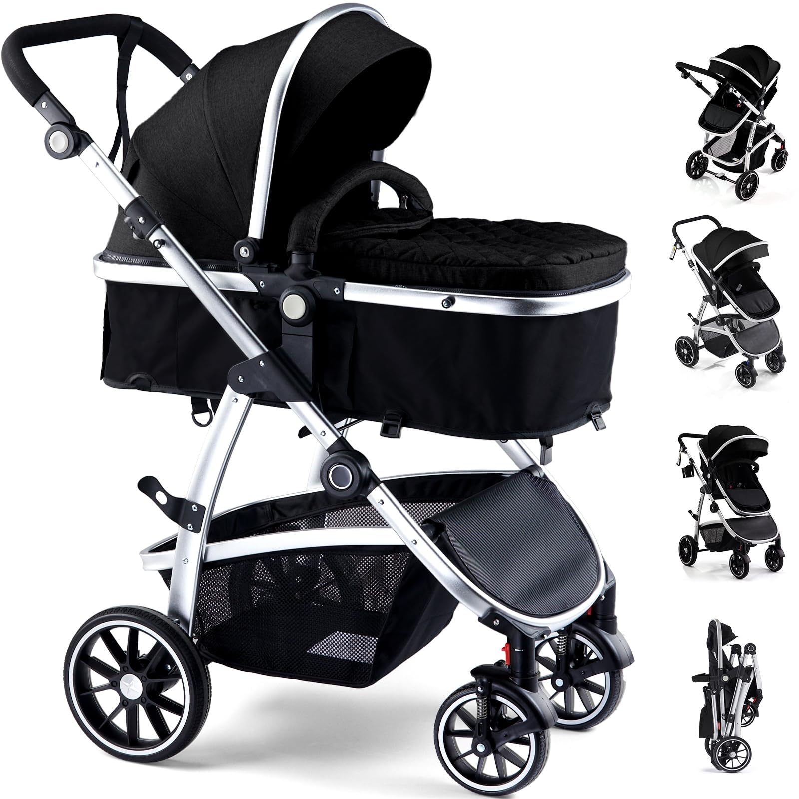HagadayBaby Stroller, Infant Stroller with Reversible Seat, Newborn Stroller with Canopy，Baby Bassinet Stroller (Black)