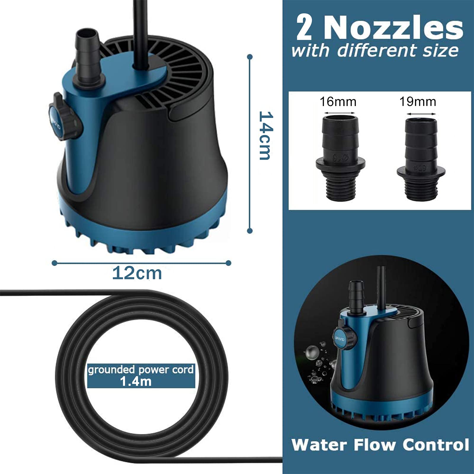 Aquarium Tauchpumpe, 2500L/H 35W Aquariumpumpe,Sehr Leise Wasserpumpe mit einstellbarem Schalter und 2 Düsen,für Aquarium,Brunnenbecken,Hydroponik