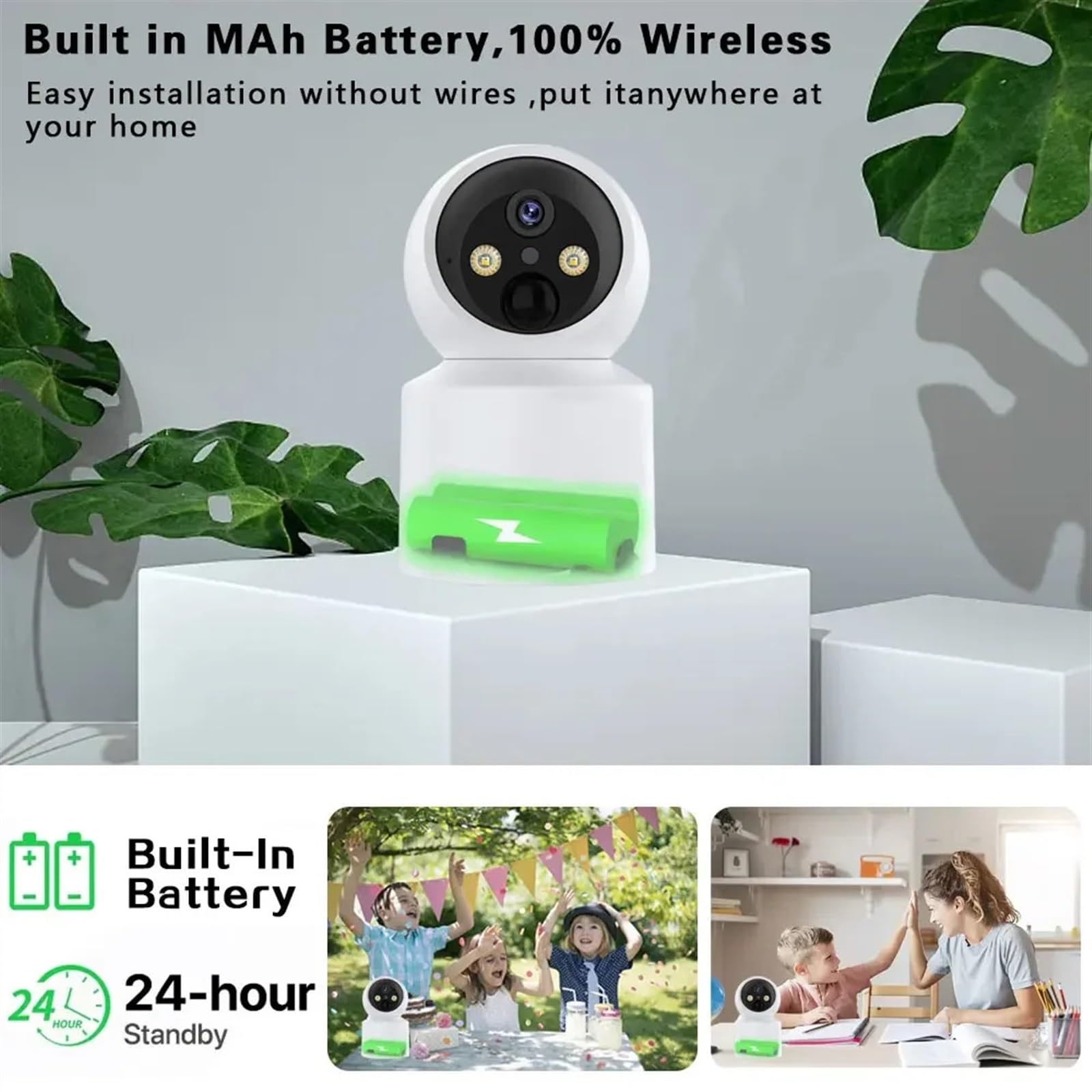 Caméra de sécurité, 5MP Batterie intégrée Mini caméra à Domicile sans Fil PTZ HD de Suivi Automatique sécurité Surveillance vidéo(5MP NO SD Card)