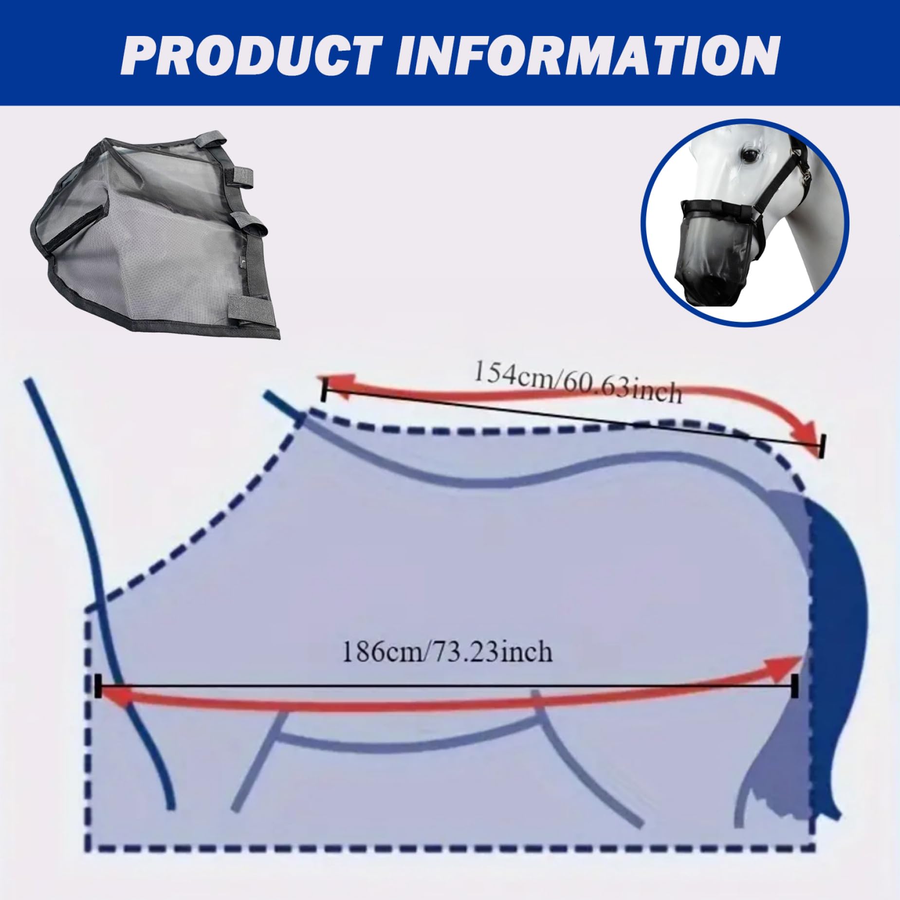 Sábana antimoscas de Malla Ajustable con Cubierta para la Nariz Protección Transpirable contra Insectos de Verano para pastos y mosquiteras para Caballos, Negro, 187 cm/73, 62 Pulgadas, Sábana para