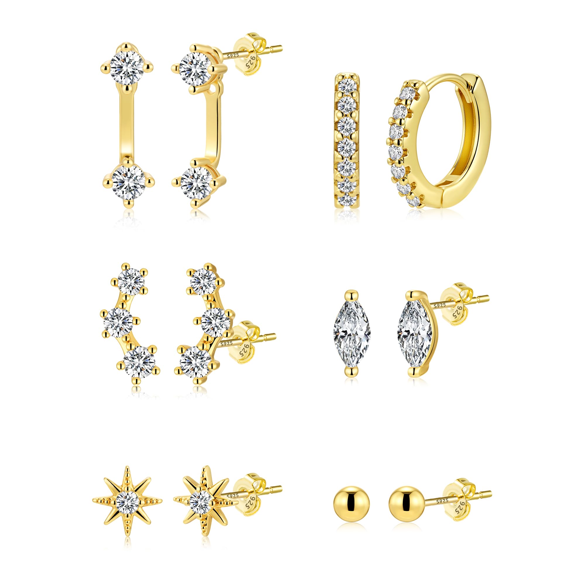 ALEXCRAFT Glitzer Ohrstecker Ohrringe Gold Silber 925 Post Set Klein mit Zirkonia Piercings Damenohrringe für Frauen Freundin Mama Mädchen 3 Stück