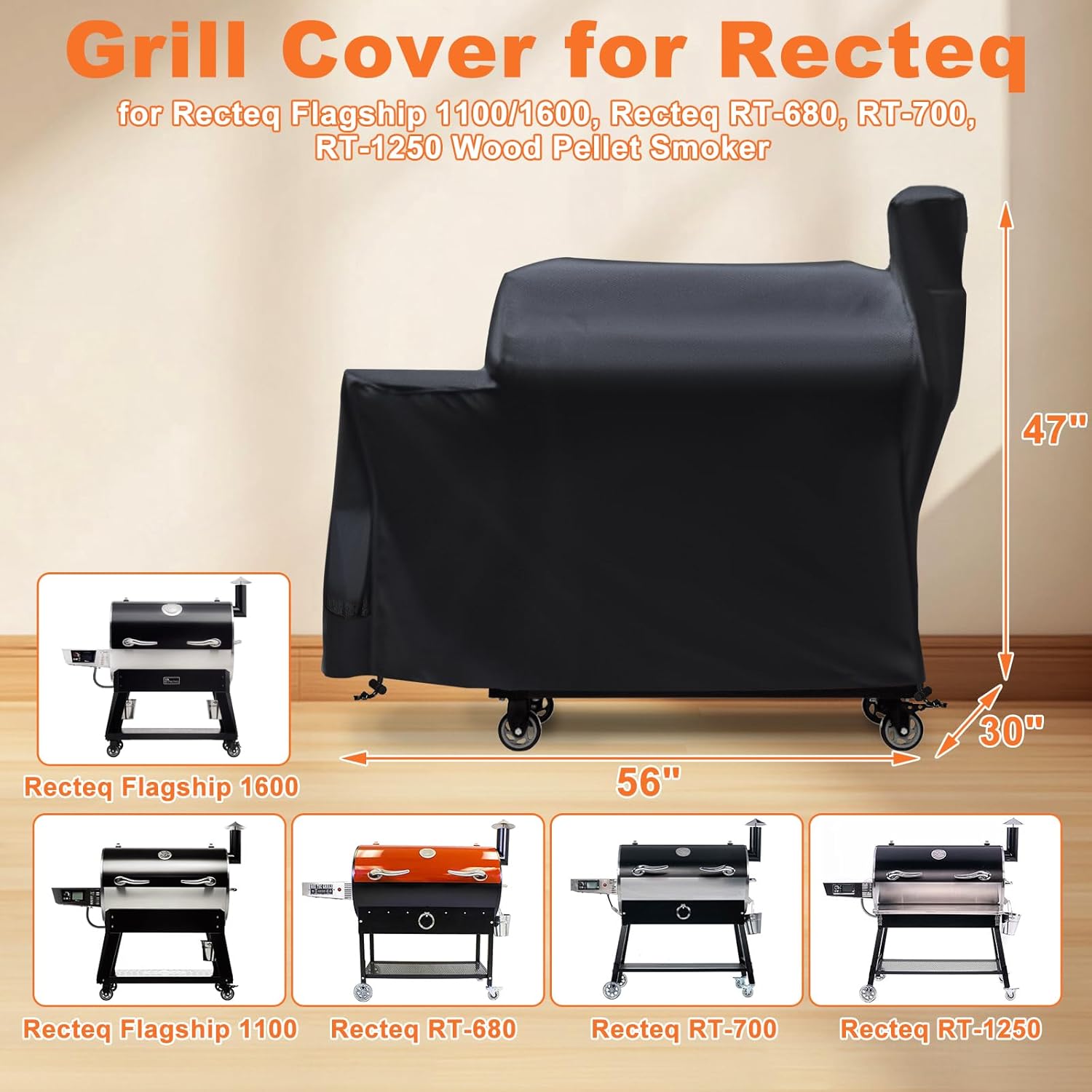 Grill Cover for Recteq Flagship 1100/1600 Grill, for Recteq Grills RT-680, RT-700, RT-1250 Wood Pellet Smoker Grill, Heavy Duty Waterproof UV Resistant Offset Smoker Cover, BBQ Accessories
