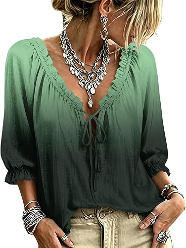 Womens Bohemian Tops 3/4 Sleeve V Neck Ruffle Lace Up Shirts