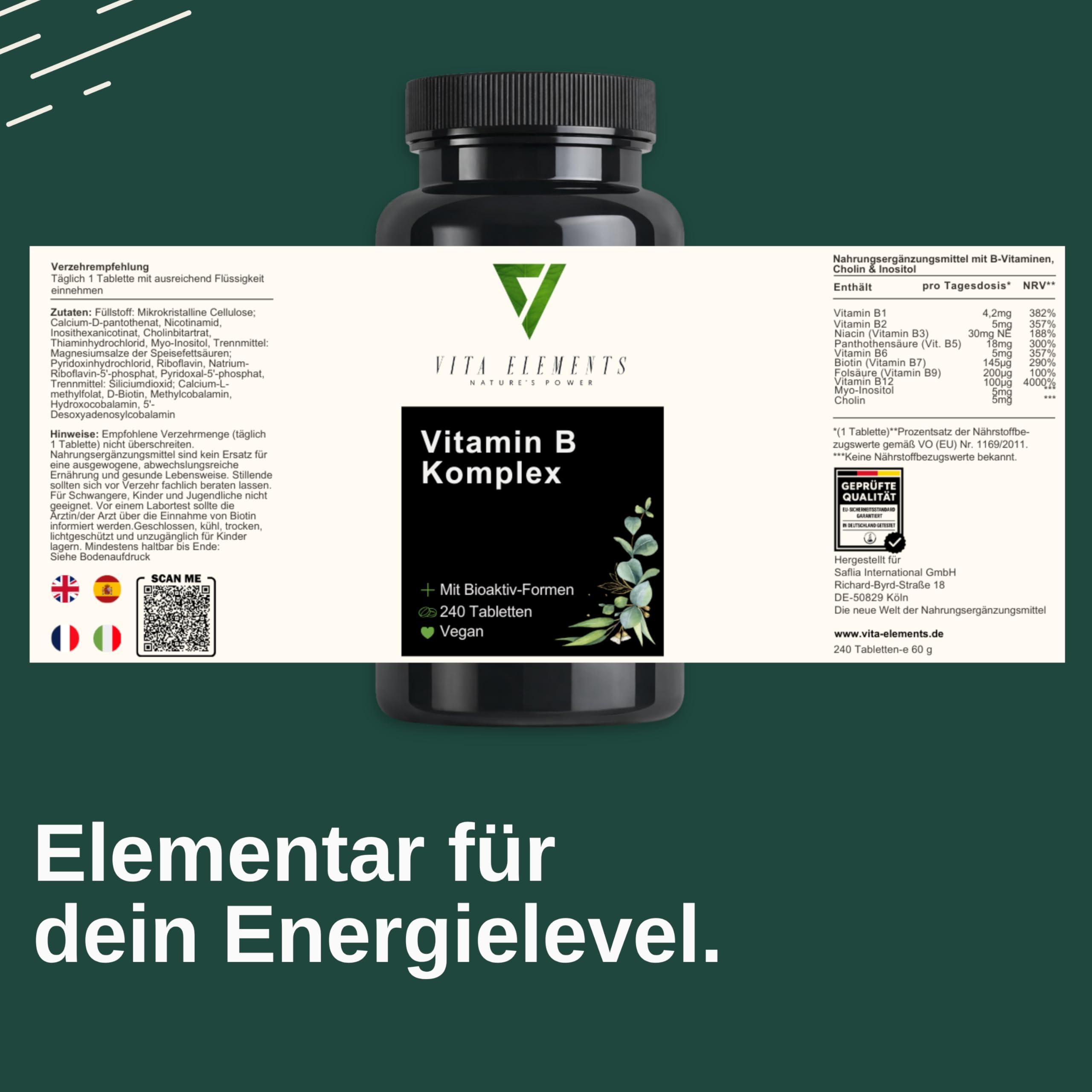 Vita Elements Complejo de Vitamina B - 240 Comprimidos - 8 Vitaminas B Esenciales - Suministro para 8 Meses - Formas Bioactivas - Vegano - Altas Dosis - Probado en Laboratorio (5)