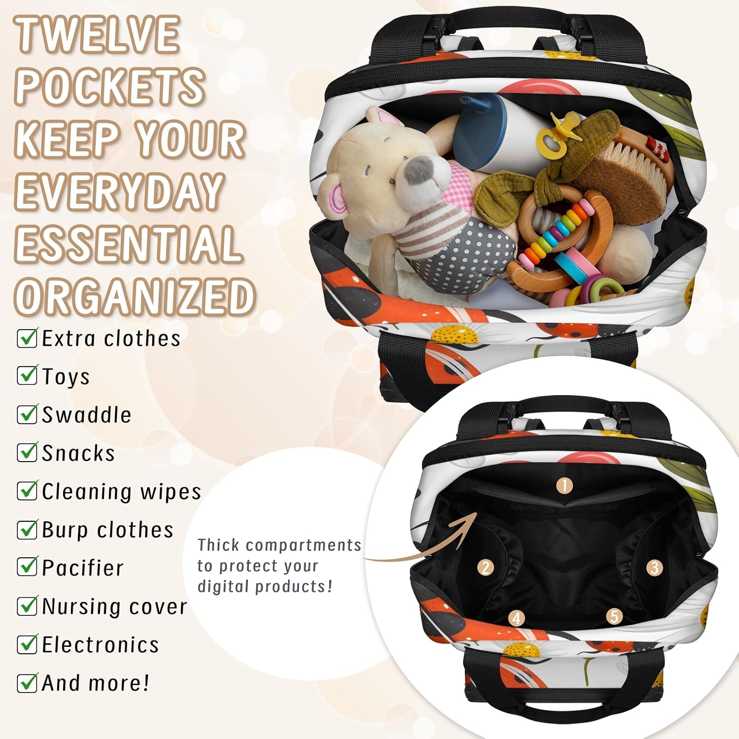 Red Ladybugs Diaper Bag Backpack for Women Waterproof Multi Function Travel Diaper Backpacks with USB Charging Port Anti Theft Bag, Daisy Flower