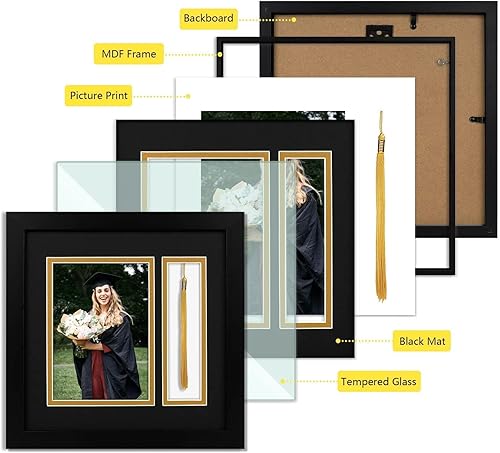 Miniatura 3 de Golden State Art Marco de graduación de 10 x 10 pulgadas con cristal real, se adapta a fotos y borlas de 5 x 7 pulgadas, doble paspartú (negro sobre