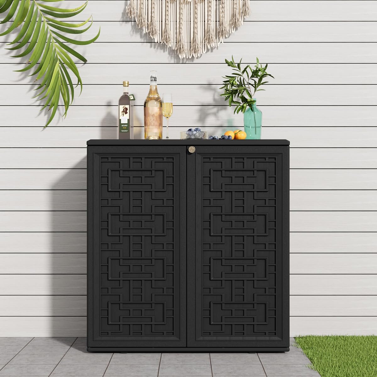 KINYING Outdoor Storage Cabinet Waterproof, Resin 62 Gallon Deck Box for Patio Furniture Cushions, Garden Tools, Pool Tools and Kids’ Toys (Black with 1 Shelving)