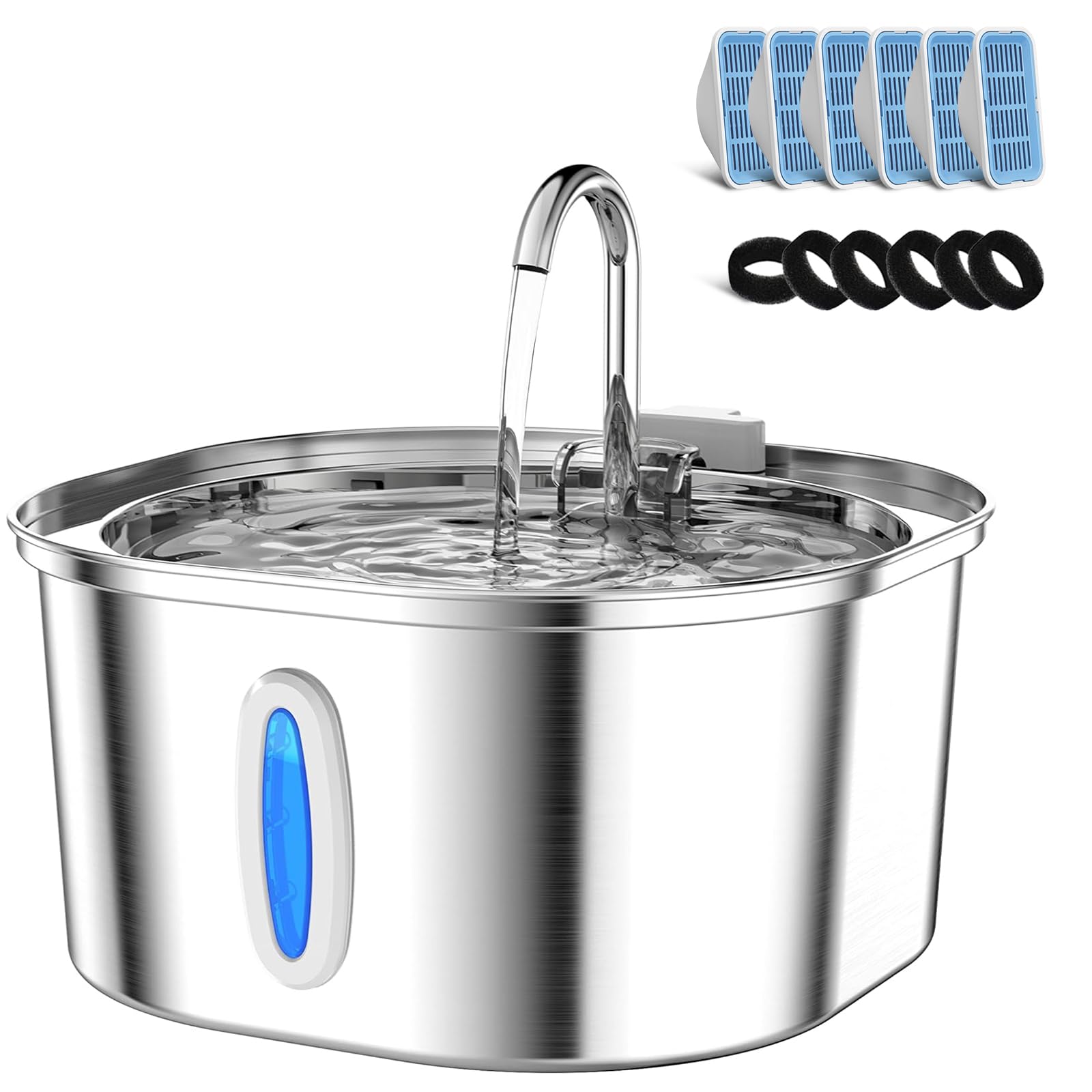 PEKTACO Stainless Steel Cat Water Fountain, 3.2L/108oz Cat Water Dispenser with Quiet Water Pump and Water-Level Window, Dishwasher Safe Pet Drinking Fountain for Cats with 6 Filters + 6 Sponges