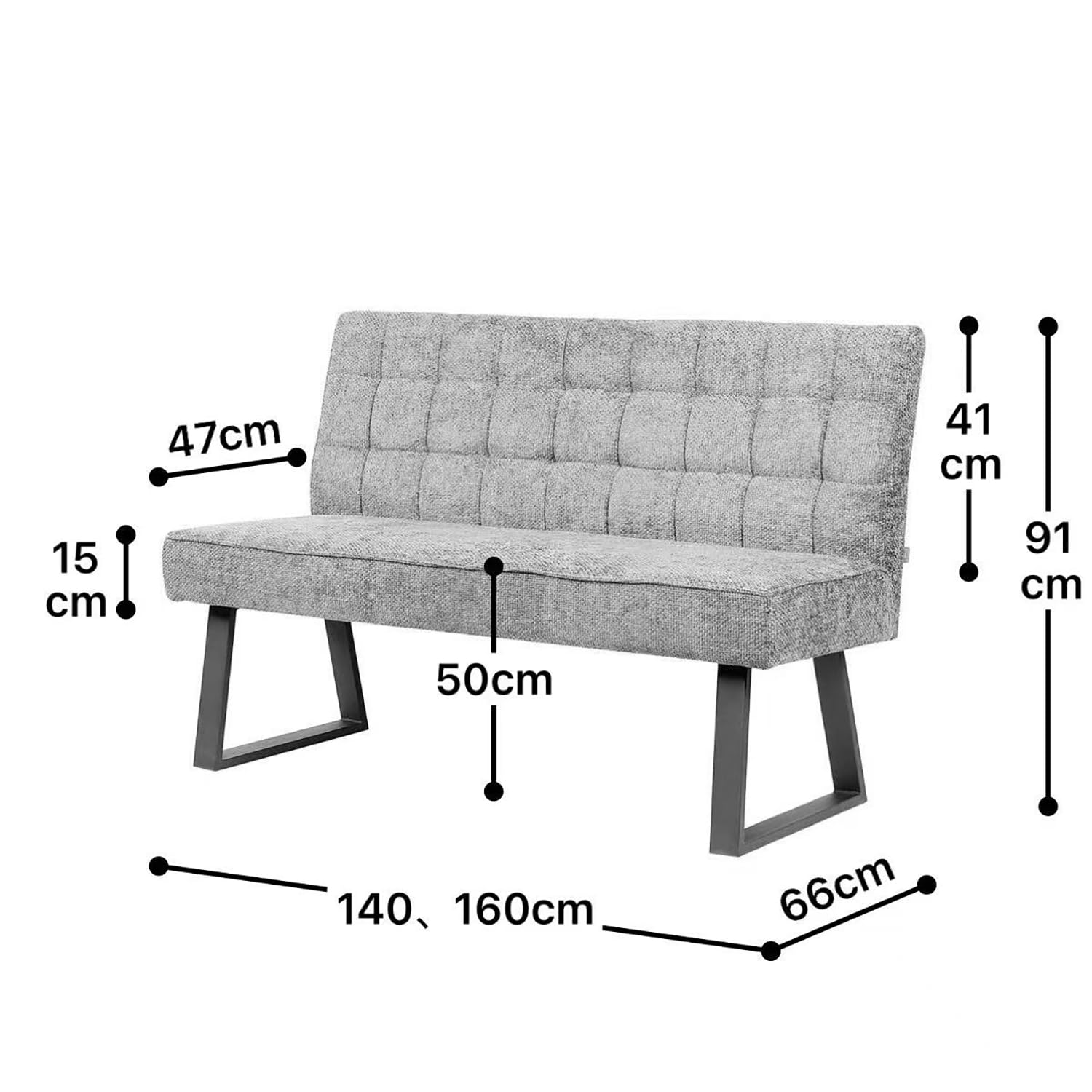 DUBI Möbel Sitzbank Clara 160 cm mit Federkernpolsterung – Moderne Esszimmerbank Hellgrau – Gepolsterte Küchenbank mit 15 cm Polsterung & Metallbeinen Schwarz