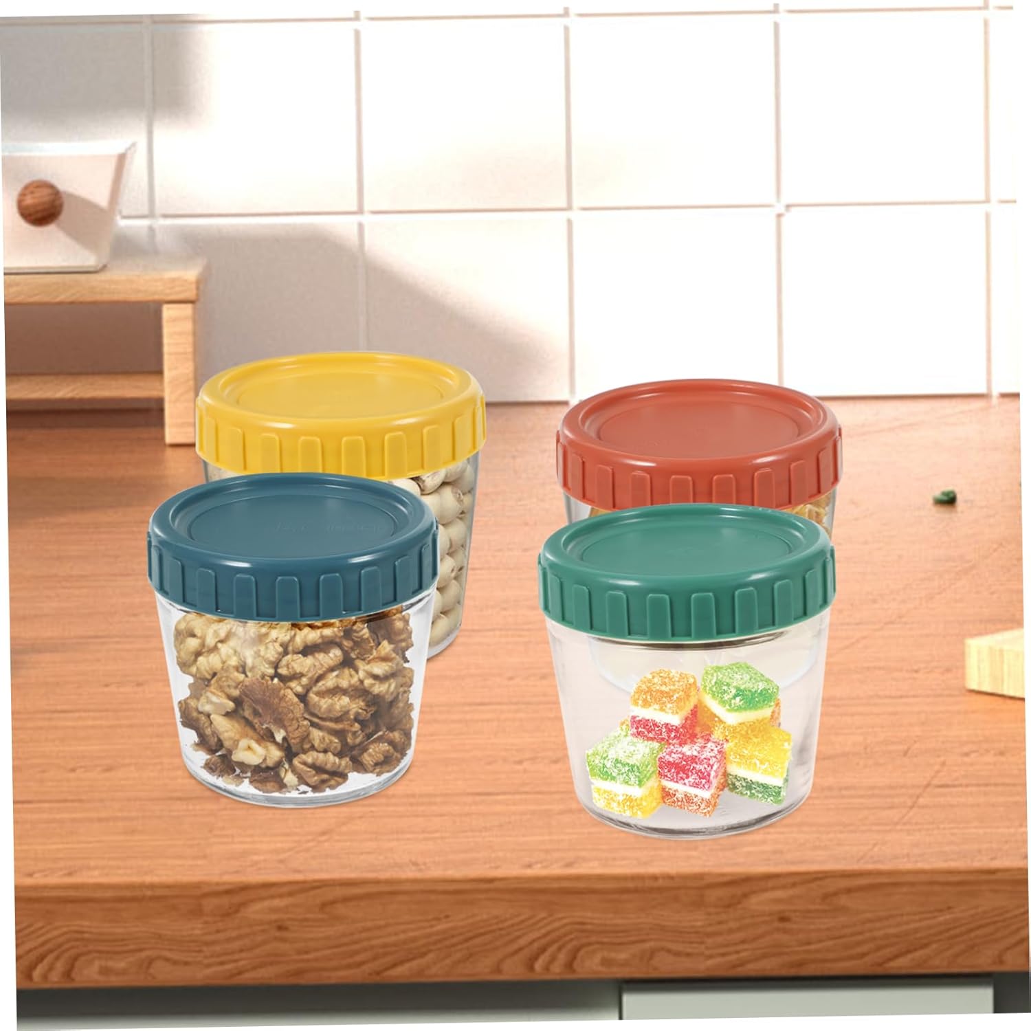 4Pcs Airtight Glass Jar with Lids Kitchen Storage Canisters for Sugar Yogurt Snacks Elegant Design Easy Access Cleaning for Food