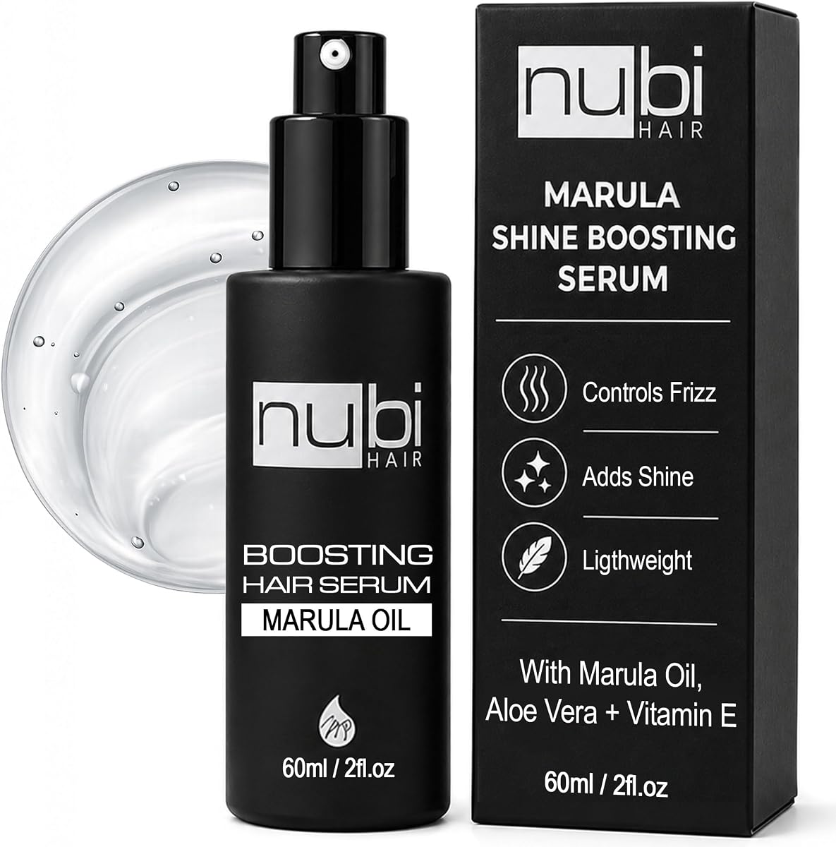 Suero capilar con aceite de marula Nubi - Potenciador de brillo - Ligero - 2 onzas líquidas | Suero brillante para cabello seco y encrespado - Suaviza el encrespamiento y los cabellos sueltos - No graso - También contiene aloe vera y vitamina E