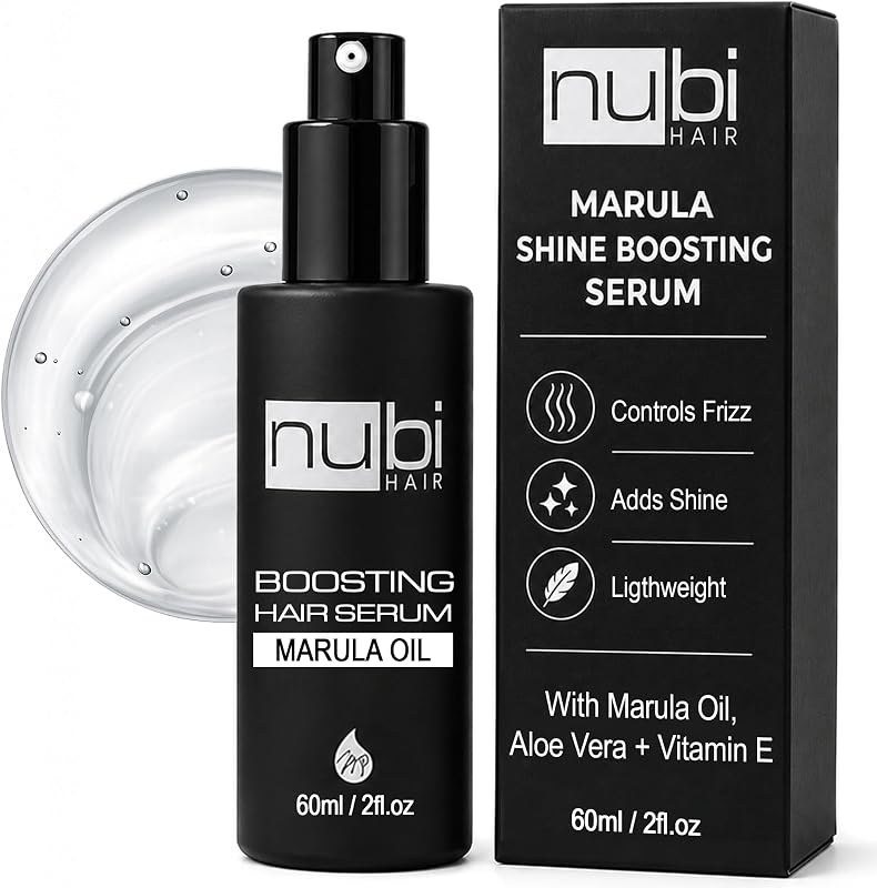 Suero capilar con aceite de marula Nubi - Potenciador de brillo - Ligero - 2 onzas líquidas | Suero brillante para cabello seco y encrespado - Suaviza el encrespamiento y los cabellos sueltos - No graso - También contiene aloe vera y vitamina E