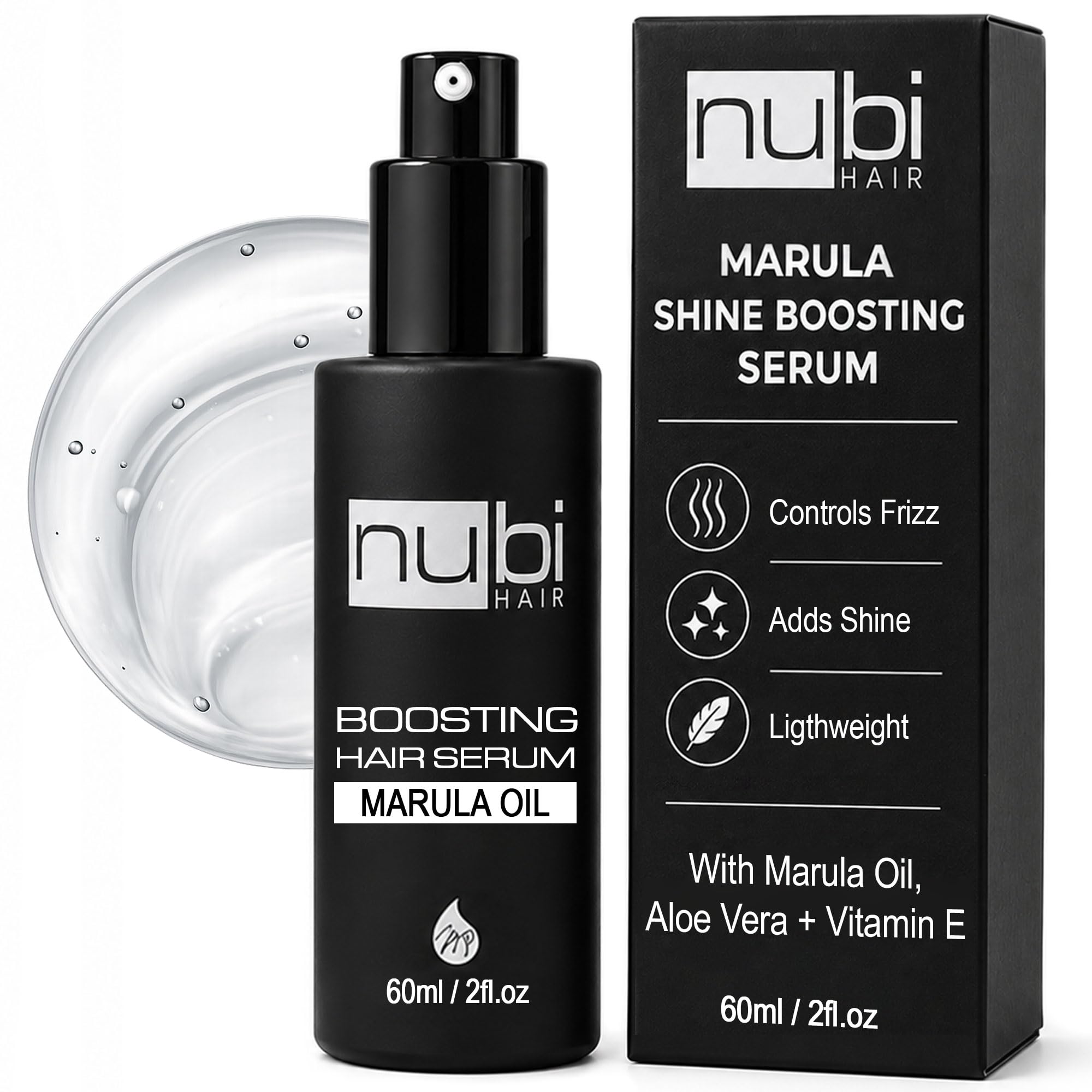 Nubi Boosting Hair Serum with Marula Oil, Vitamin E and Aloe Vera, 2 Fl. Oz./ 60 Ml