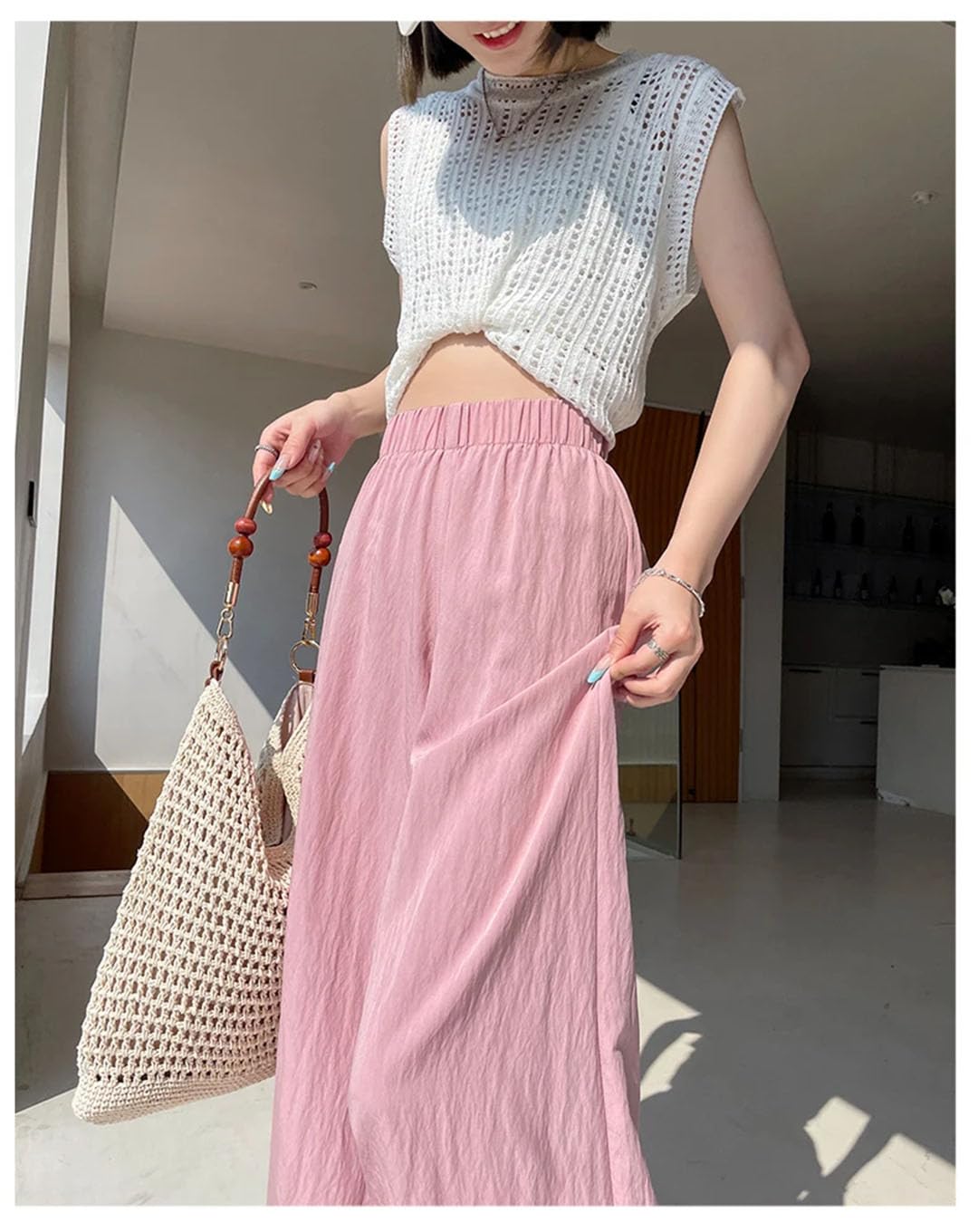 Pantaloni da donna a nove punti a gamba larga con cuciture in pizzo pantaloni eleganti larghi dritti a vita alta