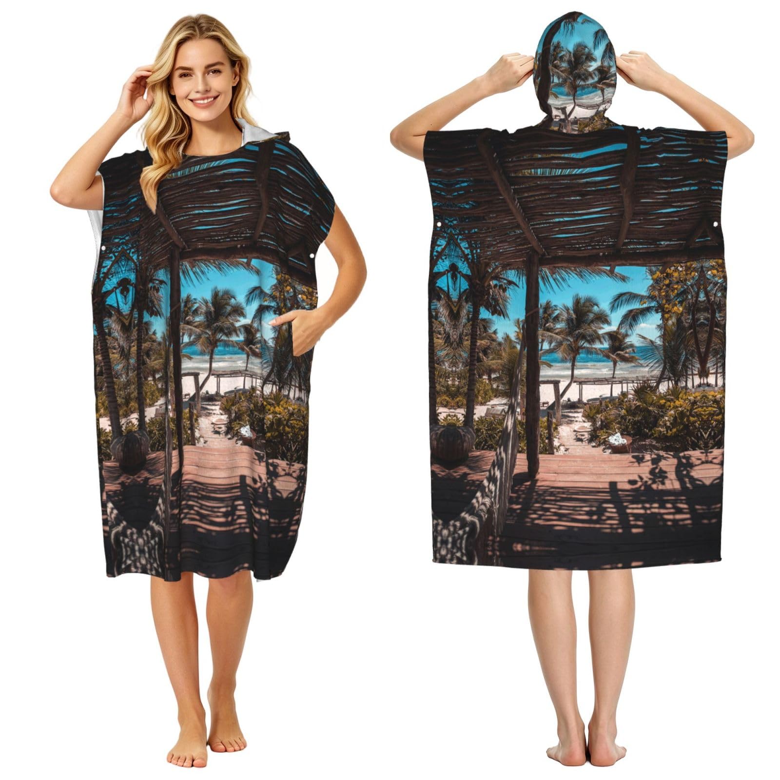 EZDLOWVBA Beach Palm Trees Print Hooded Poncho Microfiber Beach Towel,Adult Women & Men Changing Robe,Lightweight Summer Surf Swim Bath Poncho Towel