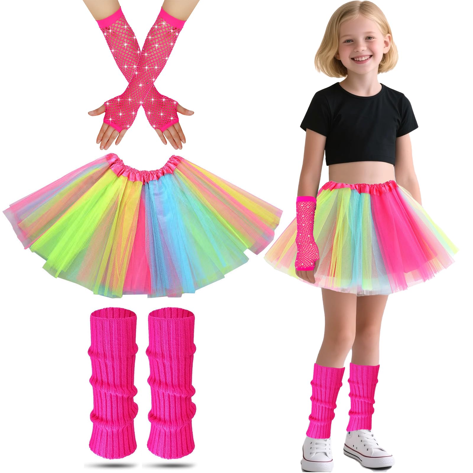 80s Fancy Dress for Kids Rockstar Costume, 80s Outfits Kids Neon Tutu Set Girls Leg Warmers Fishnets Gloves and Fancy Dress Tutu for 1980s Theme Party Disco Party Costume Carnival Gathering (Rainbow)
