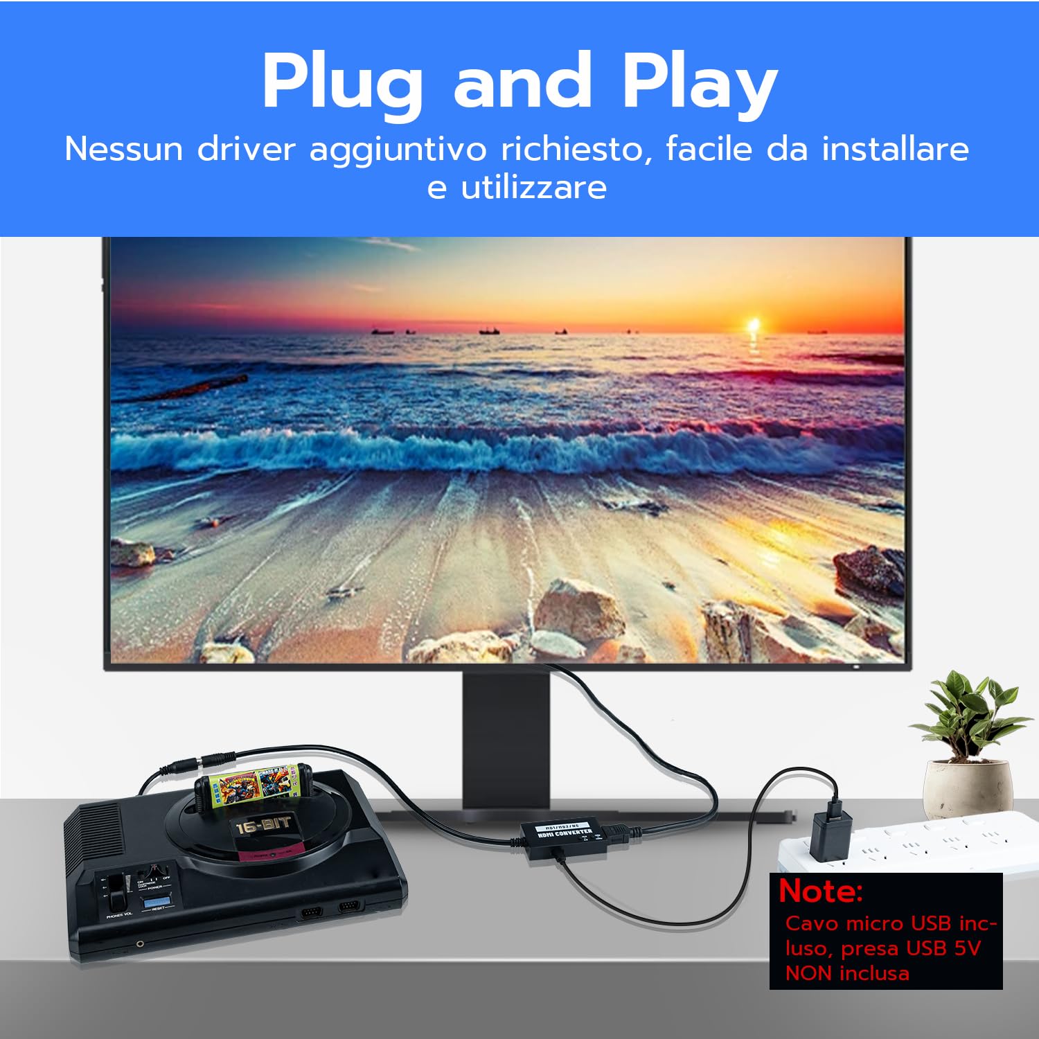 Mcbazel Adattatore HDMI Seamless per Mega Drive/NEOGEO per HDTV, Convertitore Video Multifunzionale 4:3/16:9, 720P/1080P per Mega Drive 1/Mega Drive 2/NEOGEO
