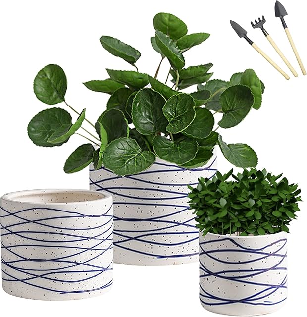 Aunaucau Plant Pots Set of 3 for Indoor and Outdoor, Flower Pots Ceramic with Drainage Holes for Indoor and Outdoor Plants, Modern Decorative with Creative Lines