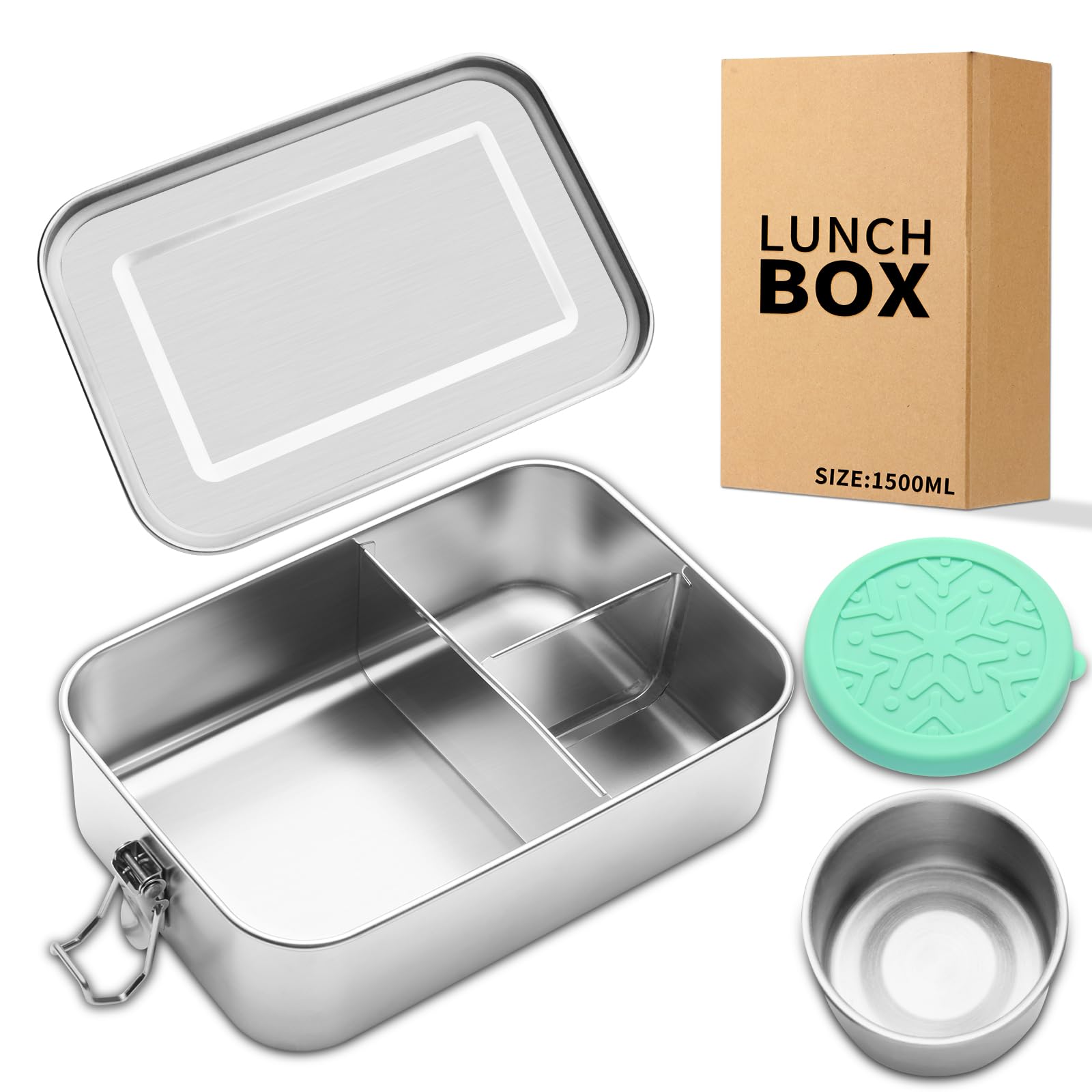 SUTETLW Stainless Steel Bento Lunch Box 1500ML,3 Compartment Metal Bento Lunch Boxes with 100ml Leak-proof Condiment Container,Metal Food Storage for Work Adults