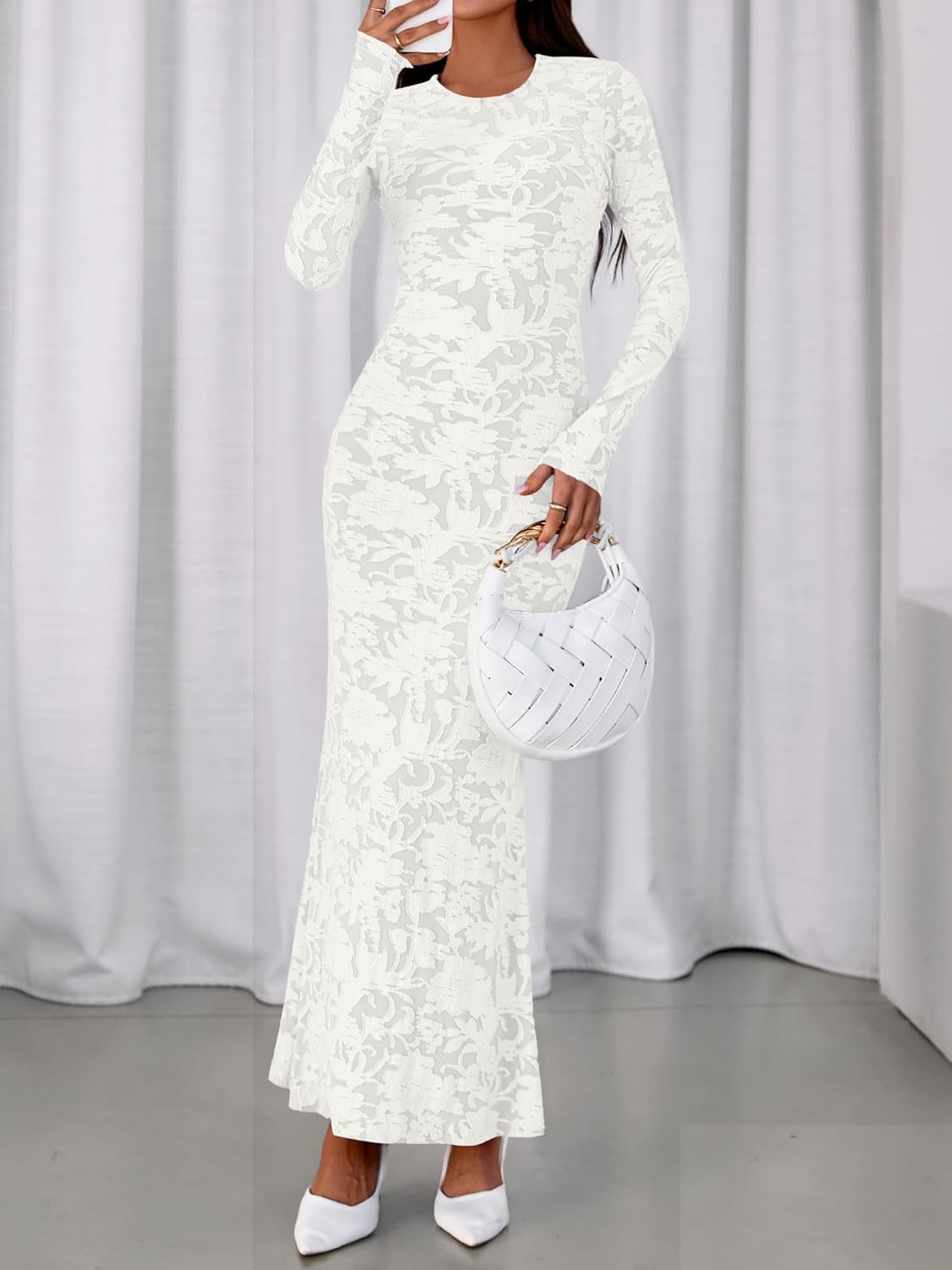 BTFBM Wedding Guest Dresses for Women 2026 Spring Elegant Floral Lace Ruched Long Sleeve Bodycon Cocktail Party Maxi Dress - Image 7