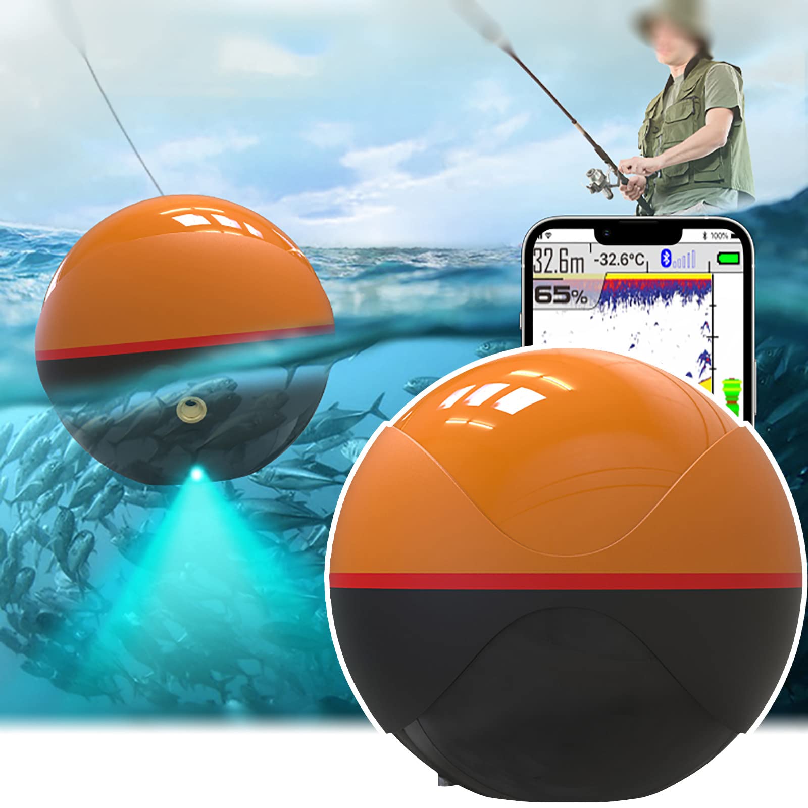 Wireless Fish Finder, Gps Sonar Fish Finder, 60M/200Ft 125/330 Khz Echo Sounder, Bluetooth Connection for ios and Android
