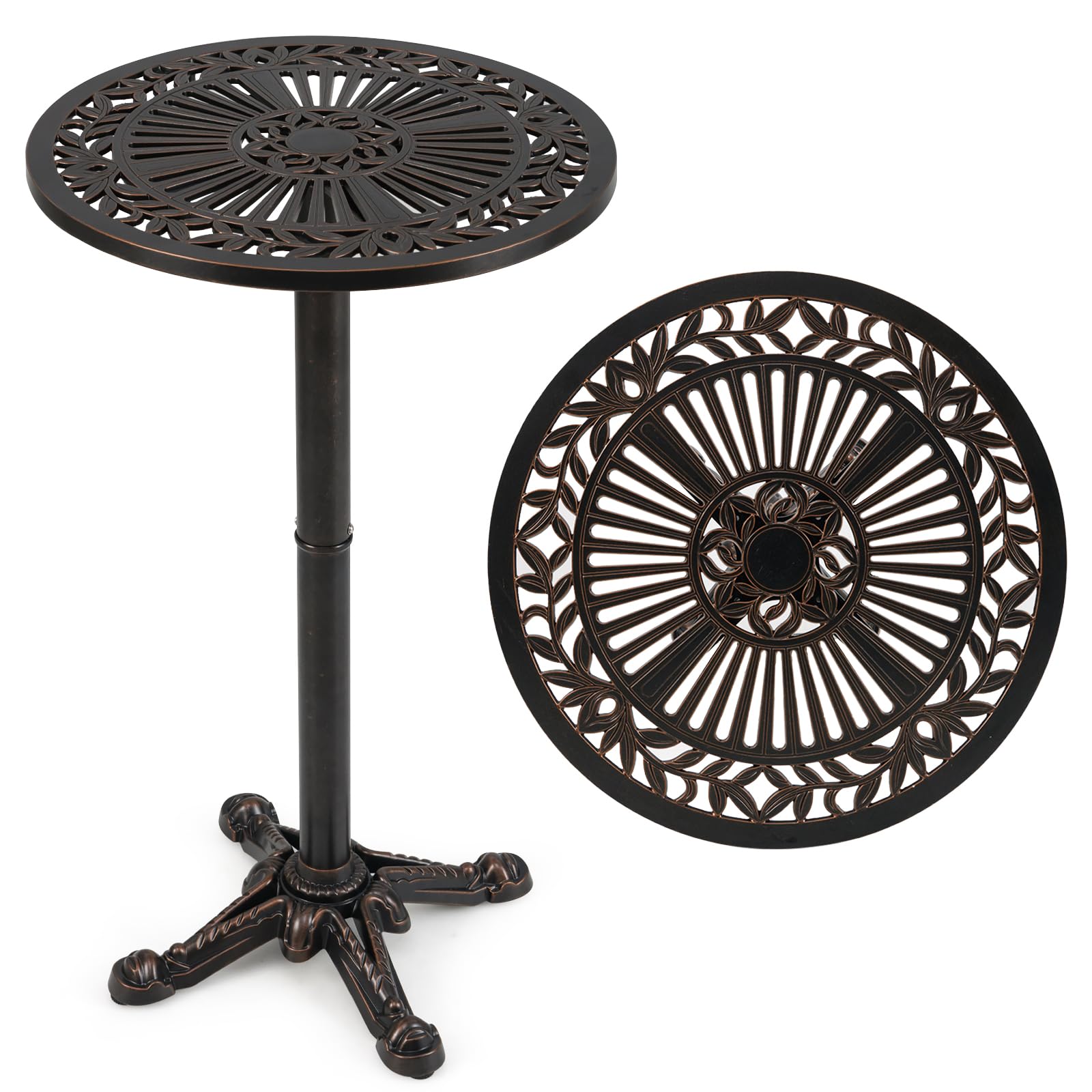 COSTWAY Garden Bar Table, 61 x 61 x 105 cm Cast Aluminum Round Bistro Table with Carved Texture, Outdoor High Dining Table for Patio Backyard Balcony Poolside Bronze