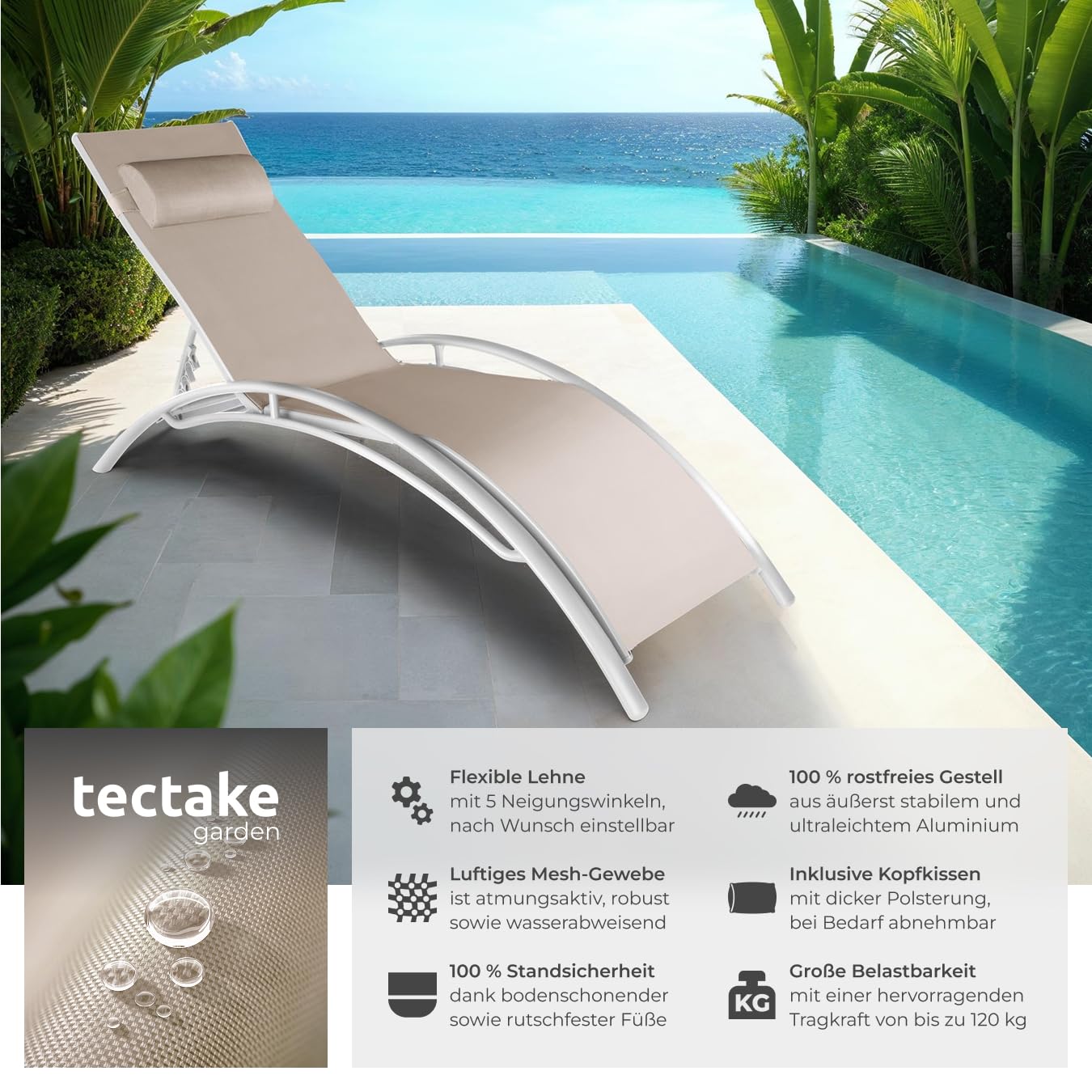 tectake 2er Set Gartenliege, Aluminium Sonnenliege, wetterfest, ideal für Garten, Balkon, Terrasse, praktischer Liegestuhl, inklusive Kopfpolster, 5-Fach verstellbare Rückenlehne -beige