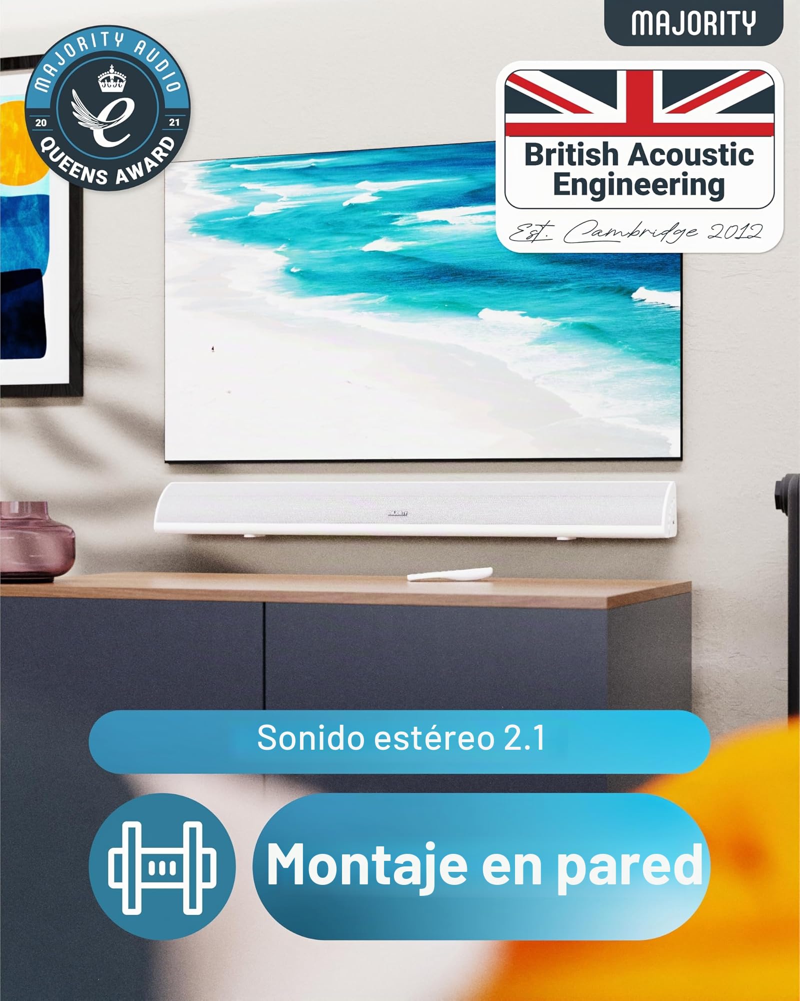 MAJORITY Barra de sonido Bluetooth para TV | Barra de sonido estéreo de montaje en pared | 120 vatios y sonido de 2.1 canales | Barra de sonido con subwoofer integrado, control remoto incluido, barra