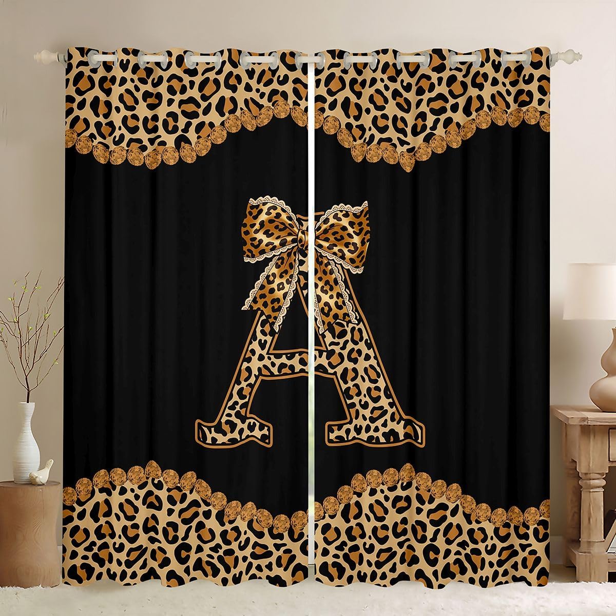 Feelyou Cheetah Bow Blackout Curtains Leopard Coquette Bow Darkening Drapes for Bedroom Living Room Decor Personalized Initial A Thermal Insulated Shades Window Treatments, 2 Panels 38 x 54 Inch