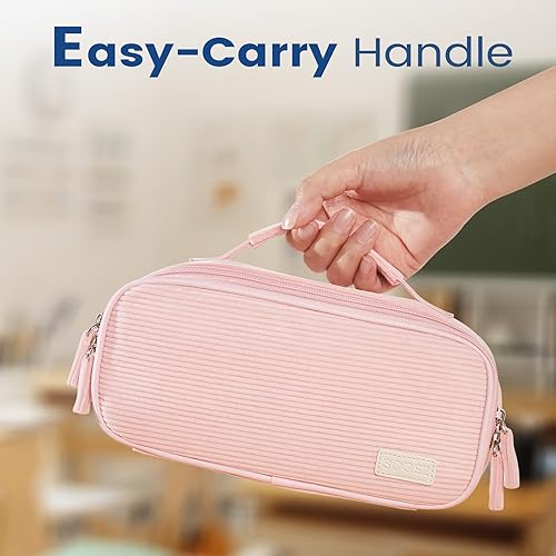 Miniatura 6 de Sooez Estuche grande para lápices, bolsa de pana suave con asa, lindo estuche para bolígrafos, 5 compartimentos, organizador de amplia apertura para