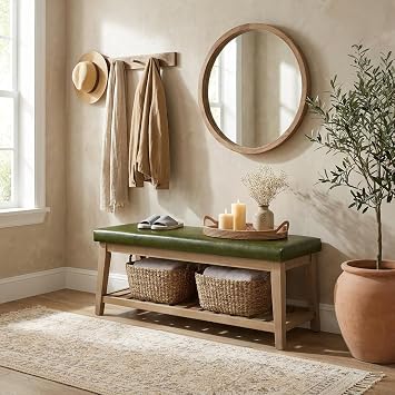 HUIMO Entryway Shoe Bench with Cushion, End of Bed Bench,Upholstered Bench for Kitchen, Bench with Solid Wood Shelf, Leather Ottoman Bench for Hallway, Living Room PU-Green