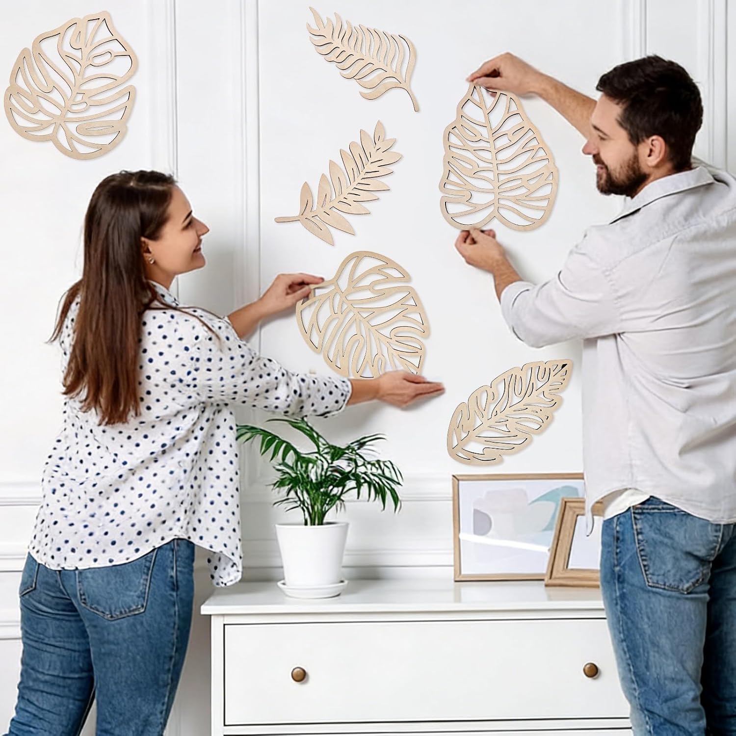 Condition photo showing New/Like New for interwarm 14 pcs tropical wall art jungle decor, palm leaves wood wall decor natural leaf wooden decoration tropical plant plaque for home living room kitchen bedroom bathroom garden, burlywood