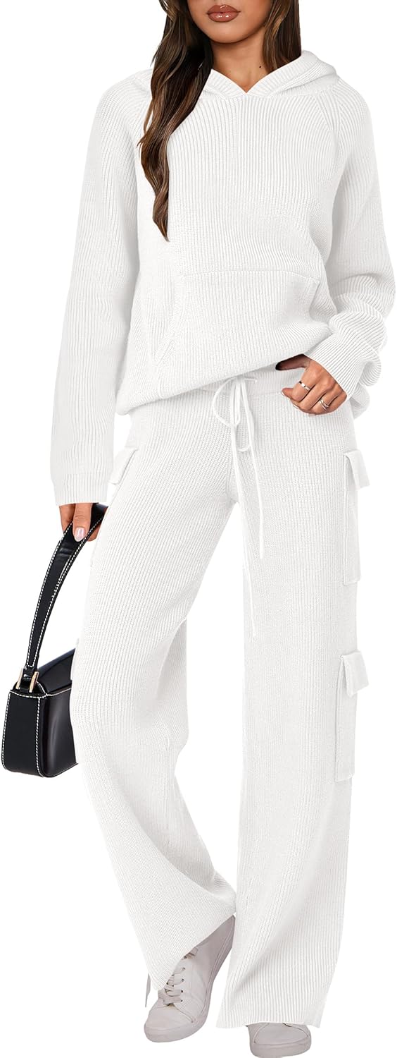 ANRABESS Women’s Two Piece Outfits Casual Knit Hooded Sweater Straight Leg Pants Set 2025 Fall Lounge Travel Clothes White X-Large