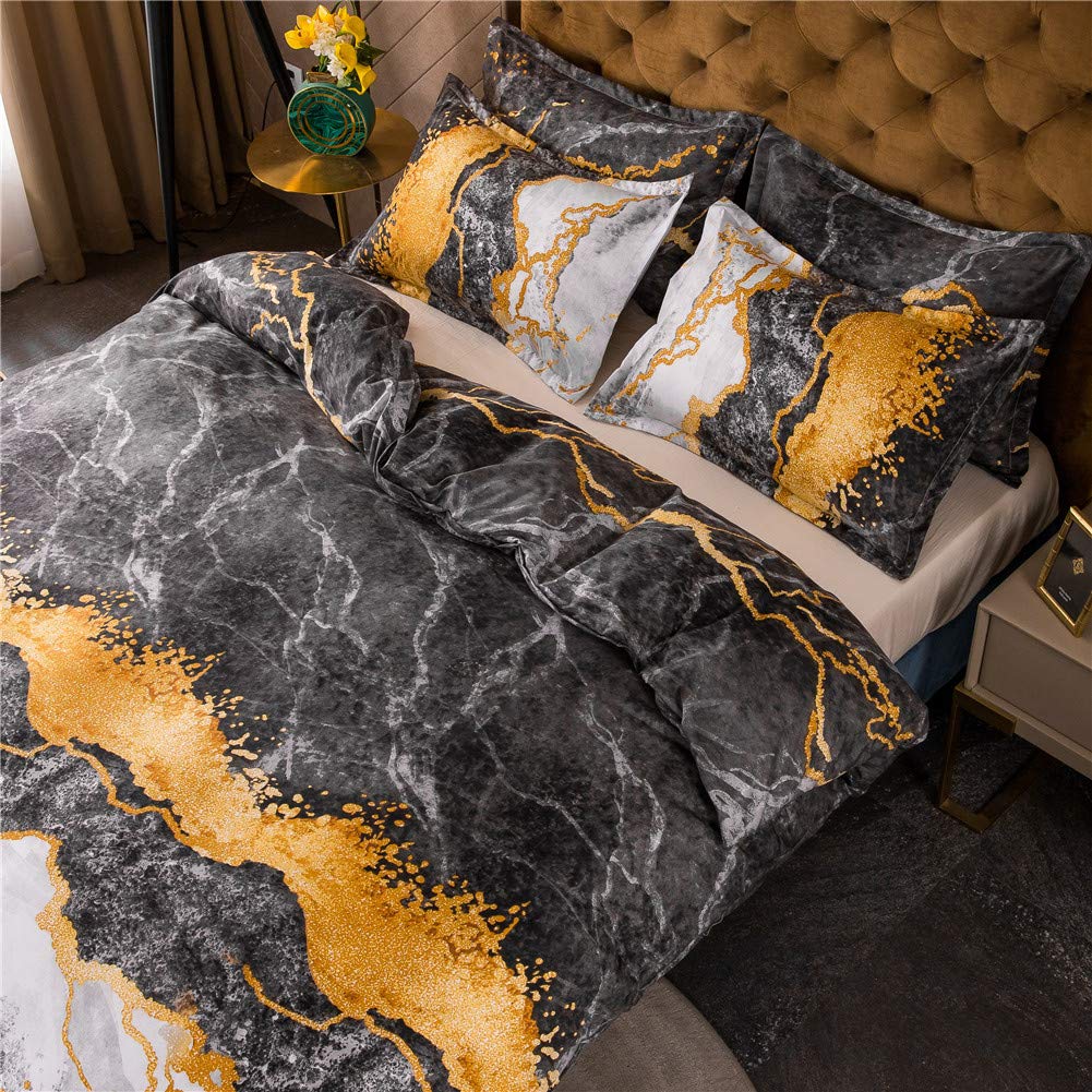 Copripiumino Matrimoniale 135x200 Marmo Nero E Oro – 2 Pezzi (Federa 80x80) DXHOME