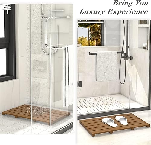 Miniatura 2 de Tapete de baño de madera de bambú para ducha de lujo, antideslizante, impermeable, para uso en interiores o exteriores (nogal)