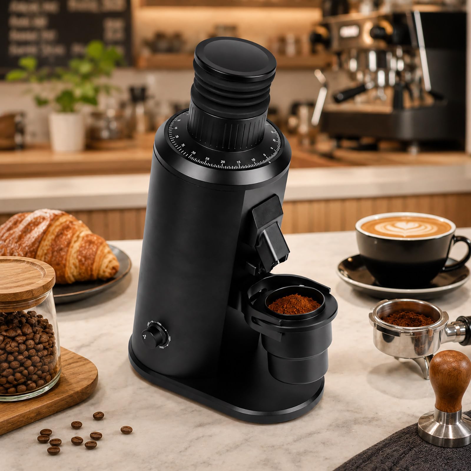 vnmudzeo Stainless Steel Flat Burr Coffee Grinder - 80mm Espresso Grinder with Adjustable Grind Settings, 70g Single Dose Bean Hopper and 58mm Handle Fork Black
