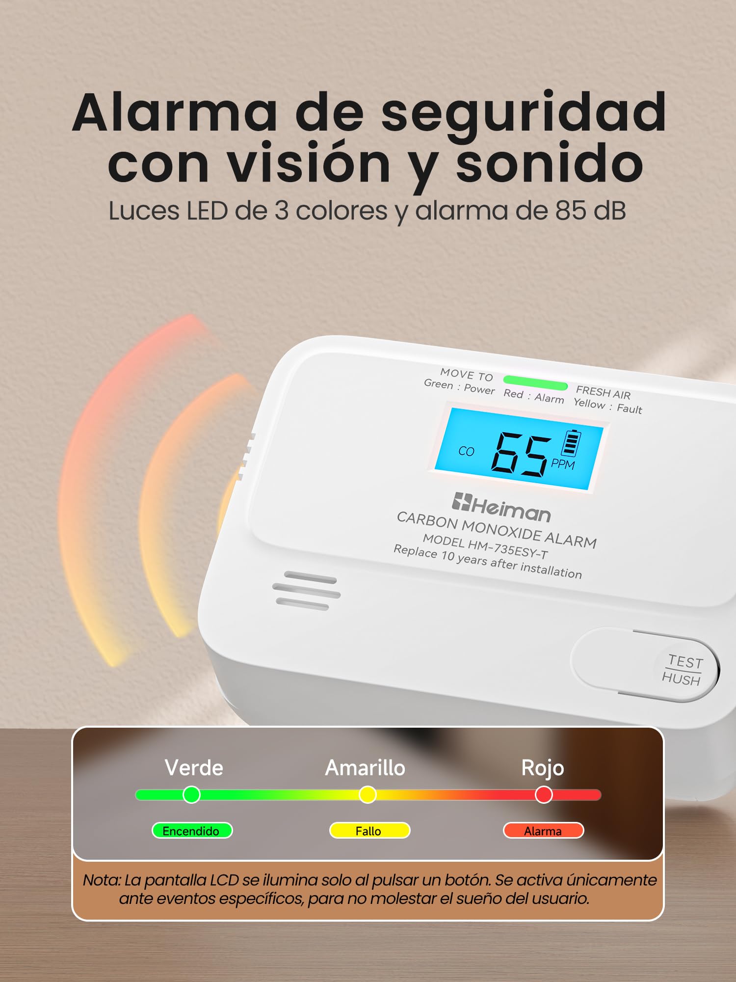 Heiman Detector de monóxido de carbono con pantalla LCD digital, 2 unidades | Detector de monóxido de carbono con batería de 10 años, detector de CO para el hogar, alarma CO BSI, norma EN 50291