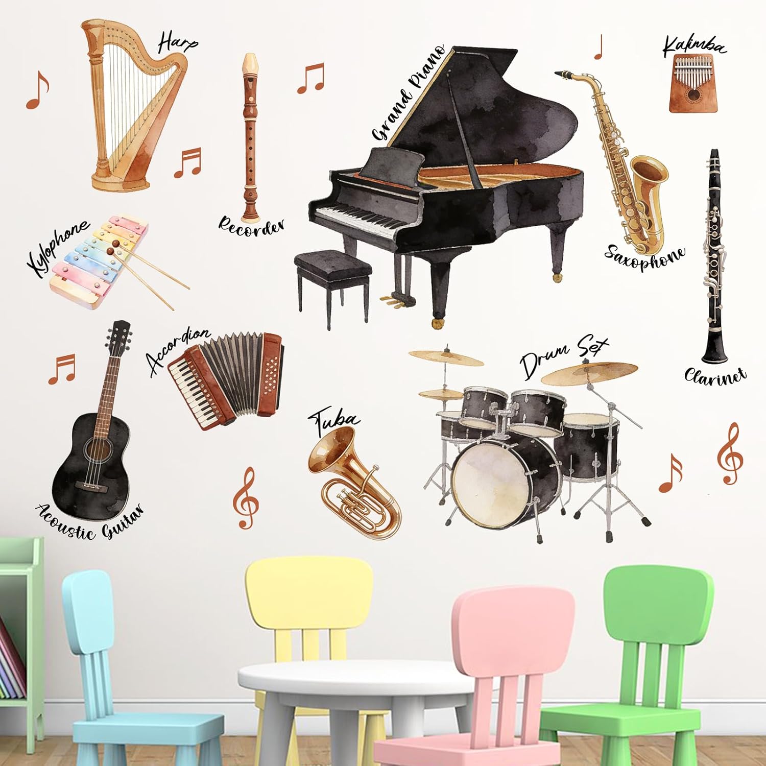 Mfault Watercolor Musical Instruments Wall Decals Stickers, Classical Music Grand Piano Guitar Drum Set Harp Notes Classroom Decor Art, Musician Studio Bedroom Home Decorations Music Lover Gifts