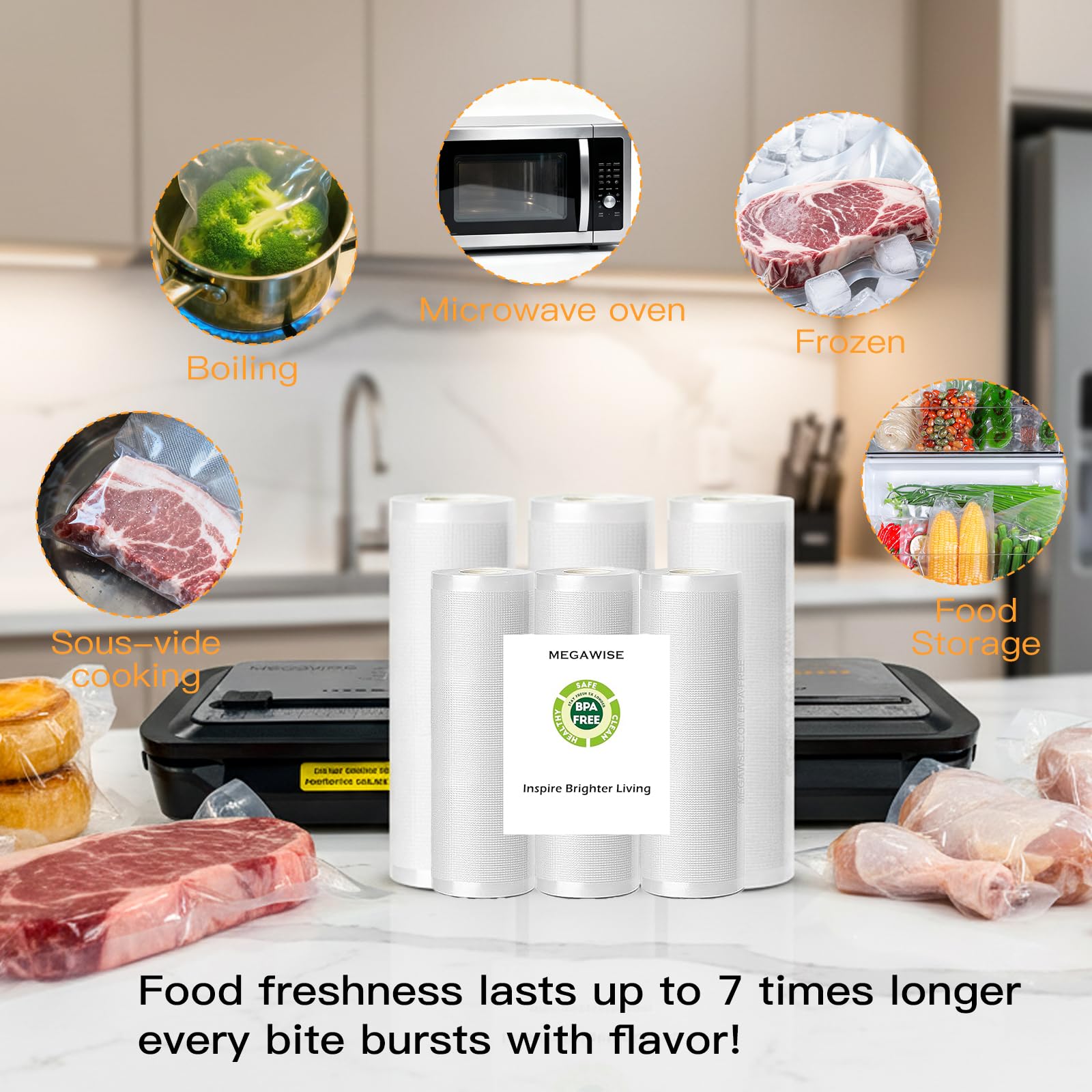 MegaWise 5 Rollen Vakuumiermaschinenbeutel, 20,3 cm breit und 65 m lang für Megawise und andere Marken-Vakuumierer, perfekt für Mahlzeitenvorbereitung und Sous-Vide-Kochen