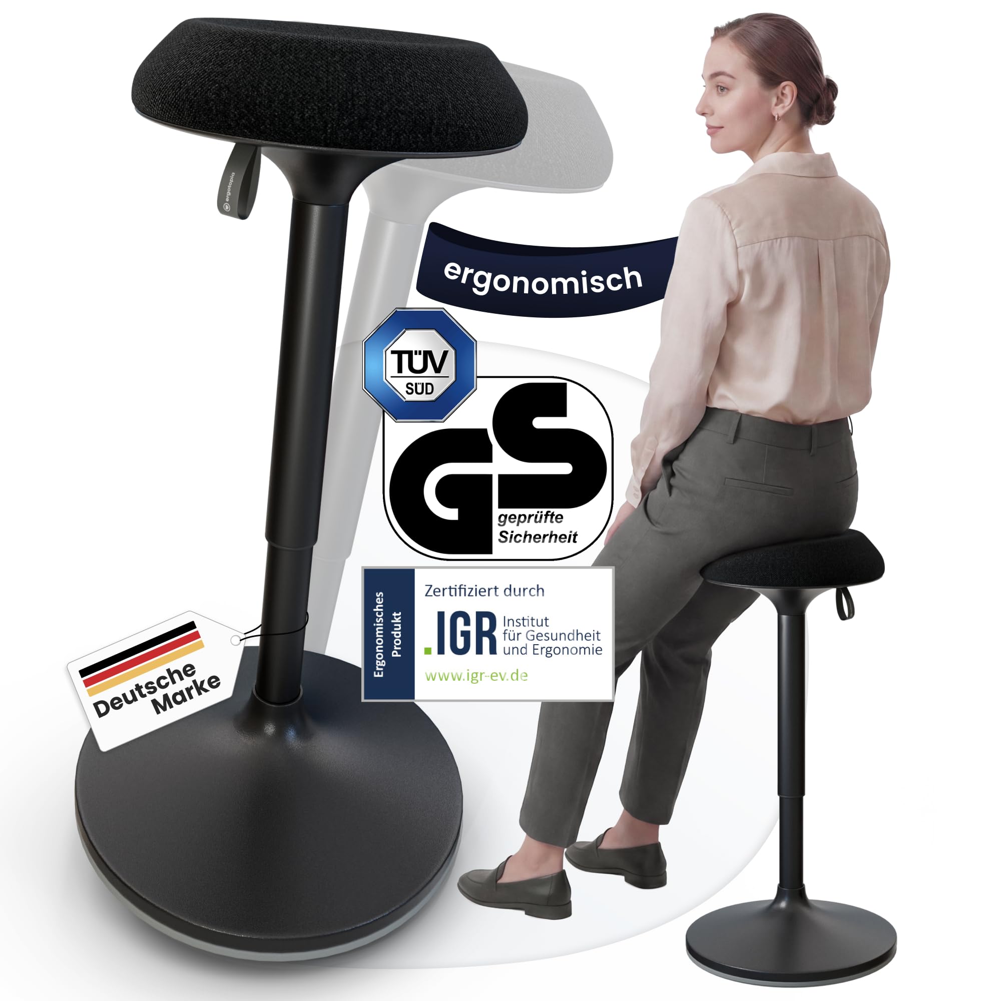 Ergotopia® Dykó ergonomischer Bürohocker - ergonomischer Sitzhocker mit Schwingeffekt - Sitzhöhe höhenverstellbar 56-83 cm - 360° drehbarer ergonomischer Hocker mit dynamischem Standfuß
