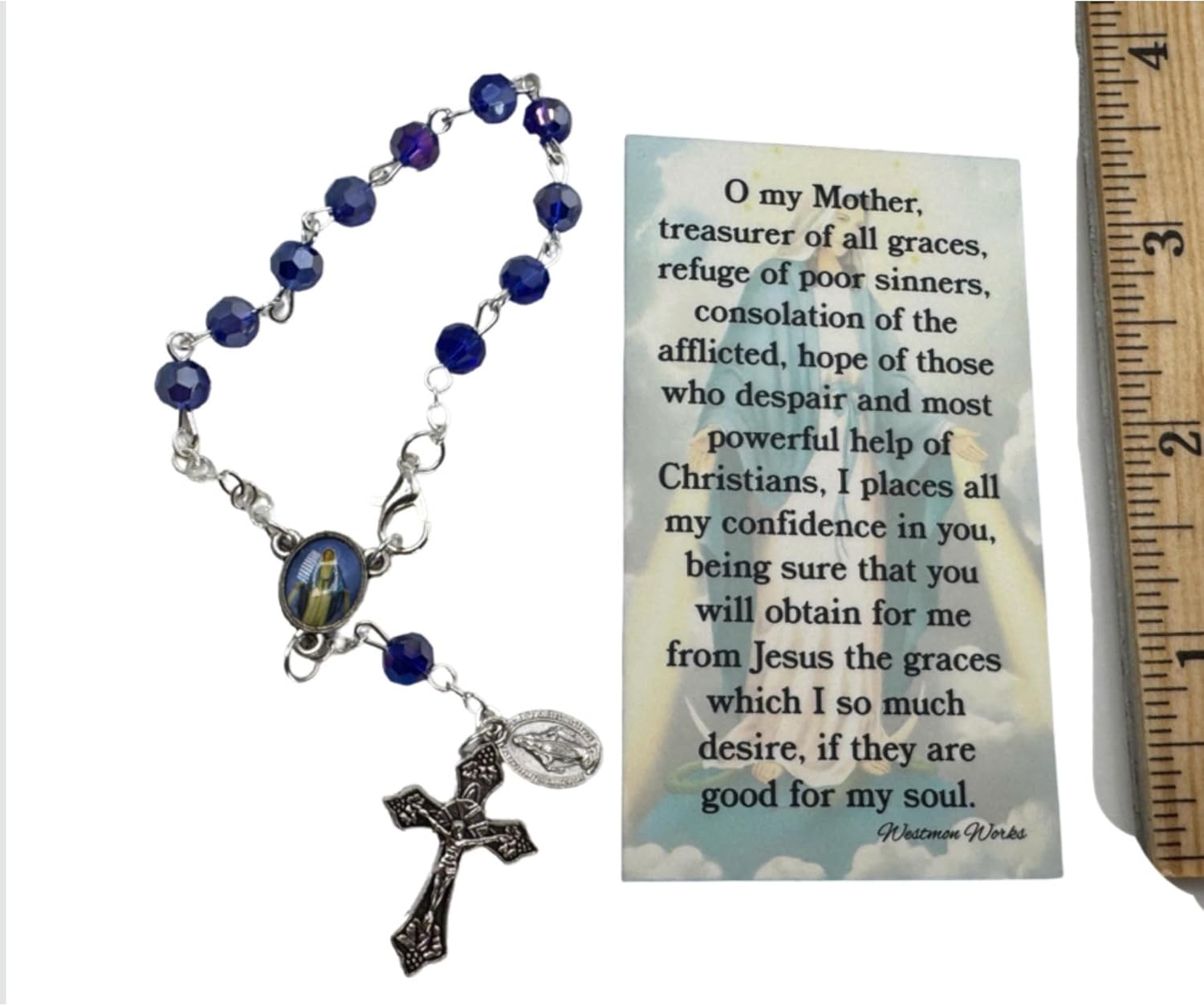 Westmon Works Our Lady of Grace Rearview Mirror Rosary Set Glass Bead May Crowning Chaplet with Holy Card Prayer - Image 4